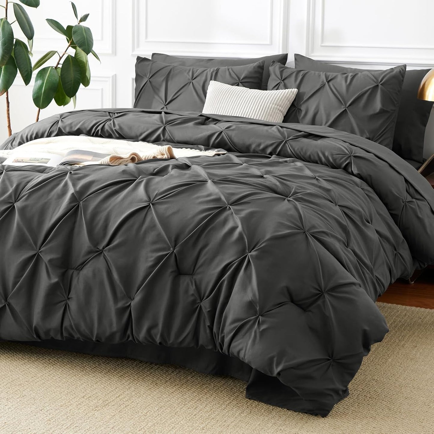 Queen Comforter Set Black, 7 count Pintuck Bed in A Bag, Premium Black Comforter Queen Size