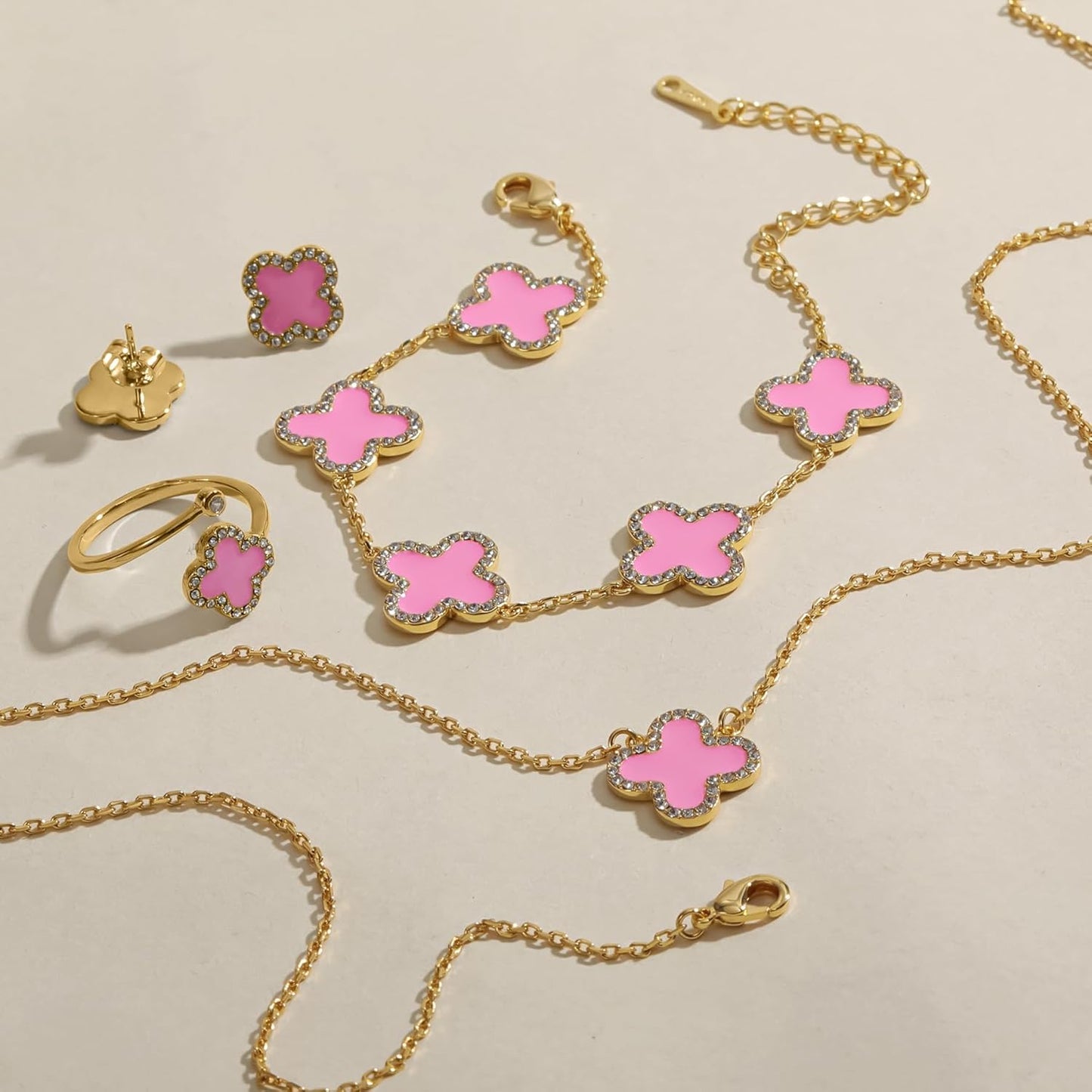 Qitian Clover Bracelet for Women 18K Gold Four Leaf Pink Lucky Link Clover Bracelets, Trendy Bracelets Set