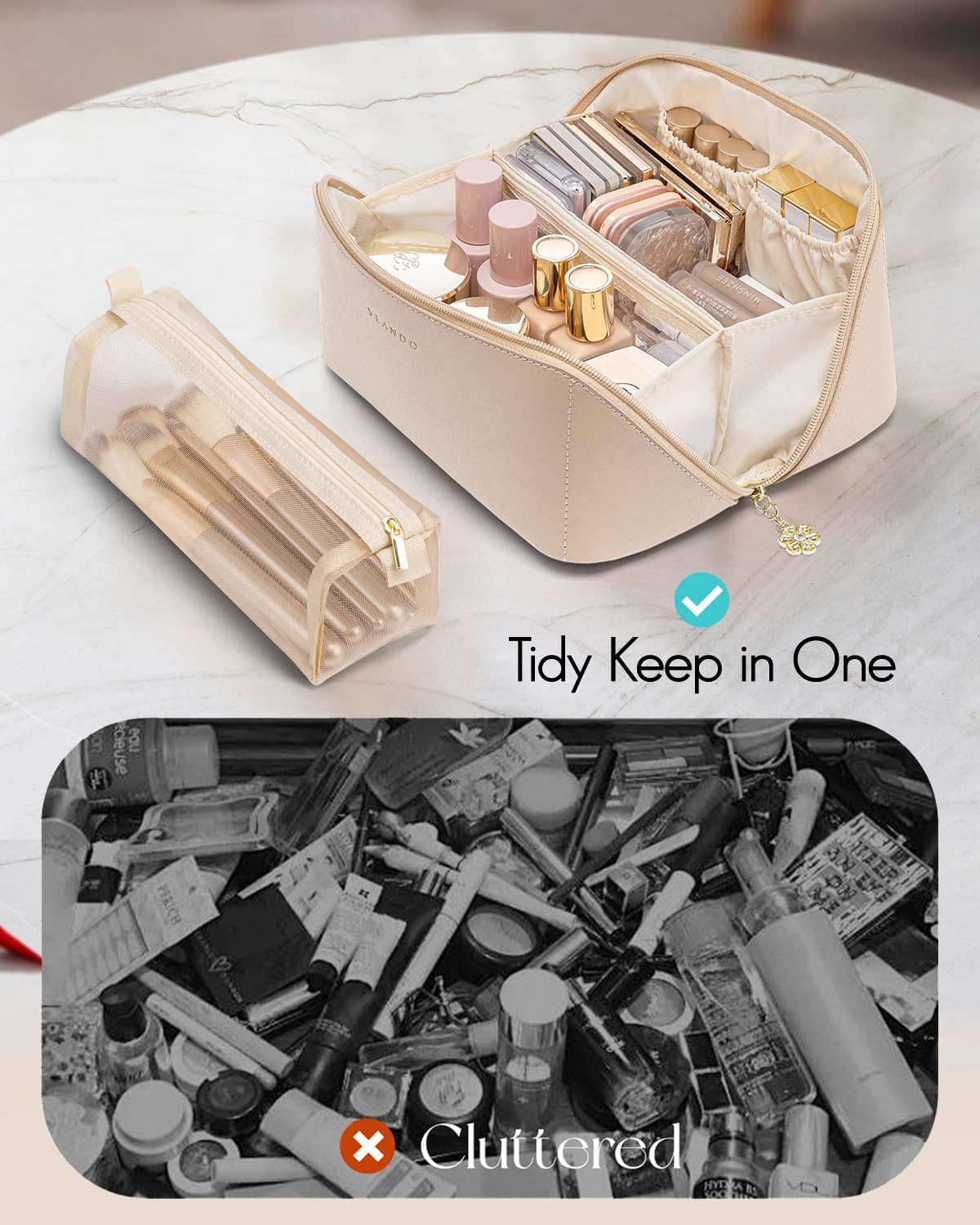 Makeup Bag,Large Capacity Travel Toiletry Bag,Cosmetic Bags for Women PU Leather Waterproof Portable Pouch with Divider & Handle-Toffee
