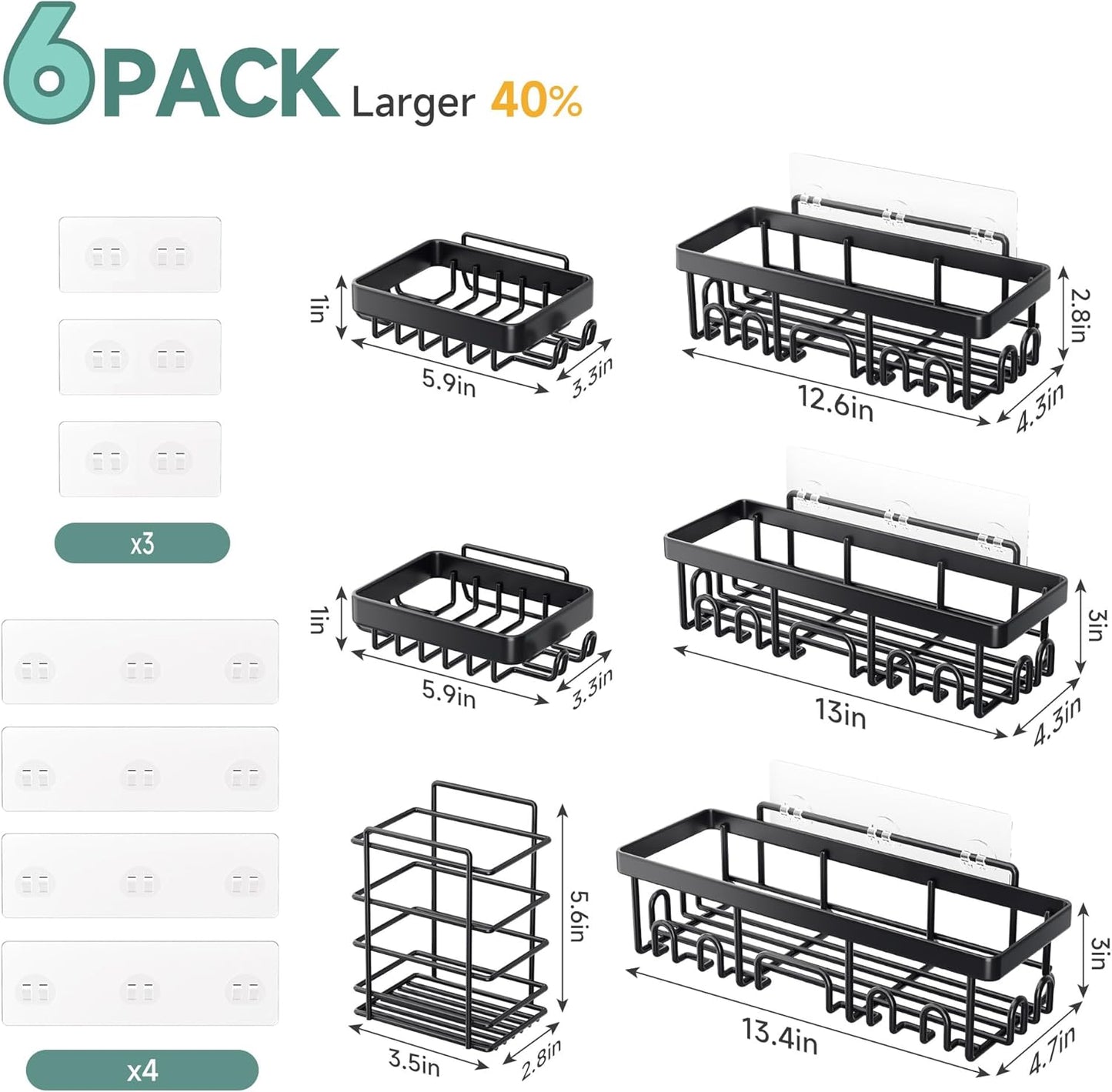 Shower Caddy 6-Pack, No Drilling Adhesive Shelves, Rack with Soap Holder,  Organizers and Storage