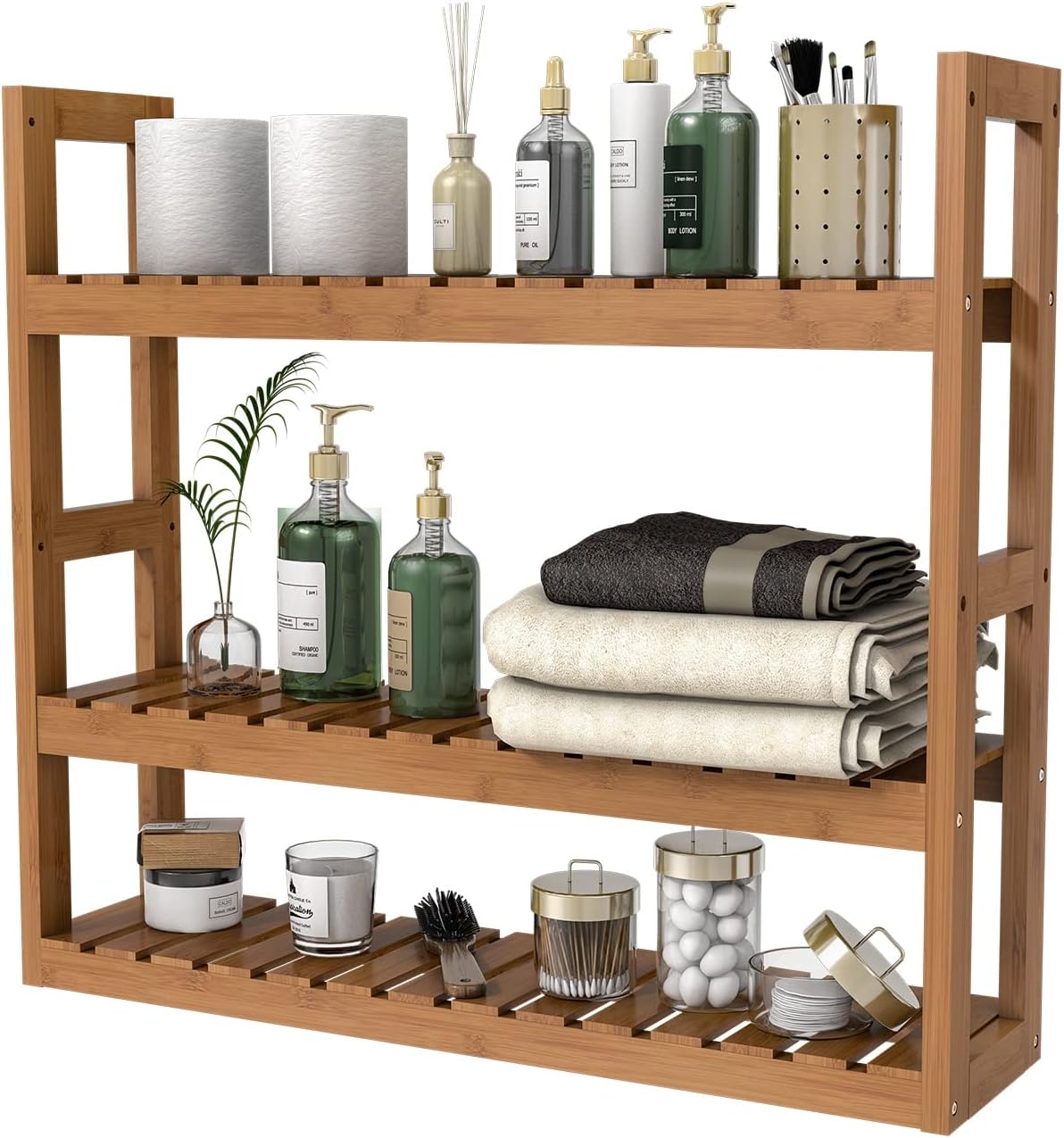 Bathroom Shelves Over Toilet Storage - 3 Tier Wall Mounted Bamboo Bathroom Shelf Organizer