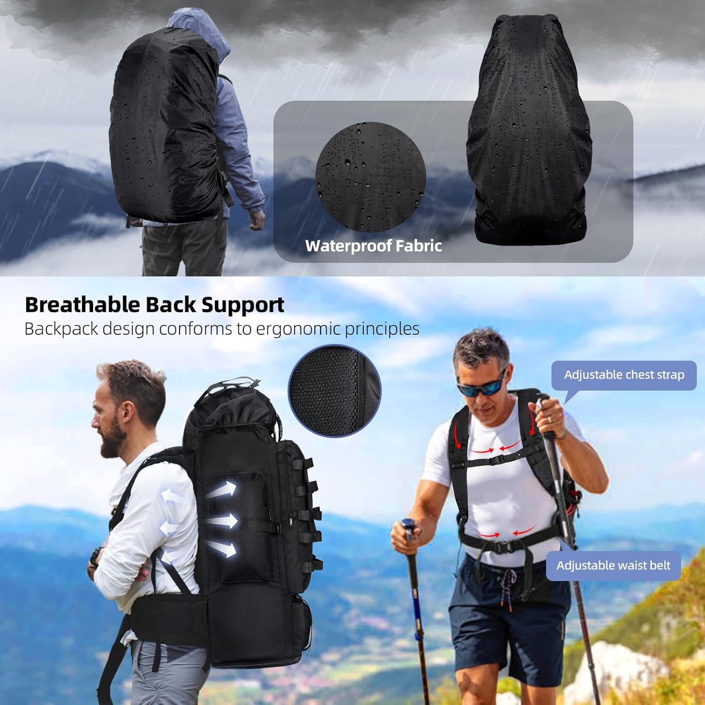 Expandable Large Military Tactical Backpack, Waterproof Molle Racksack Travel Backpacking Daypack