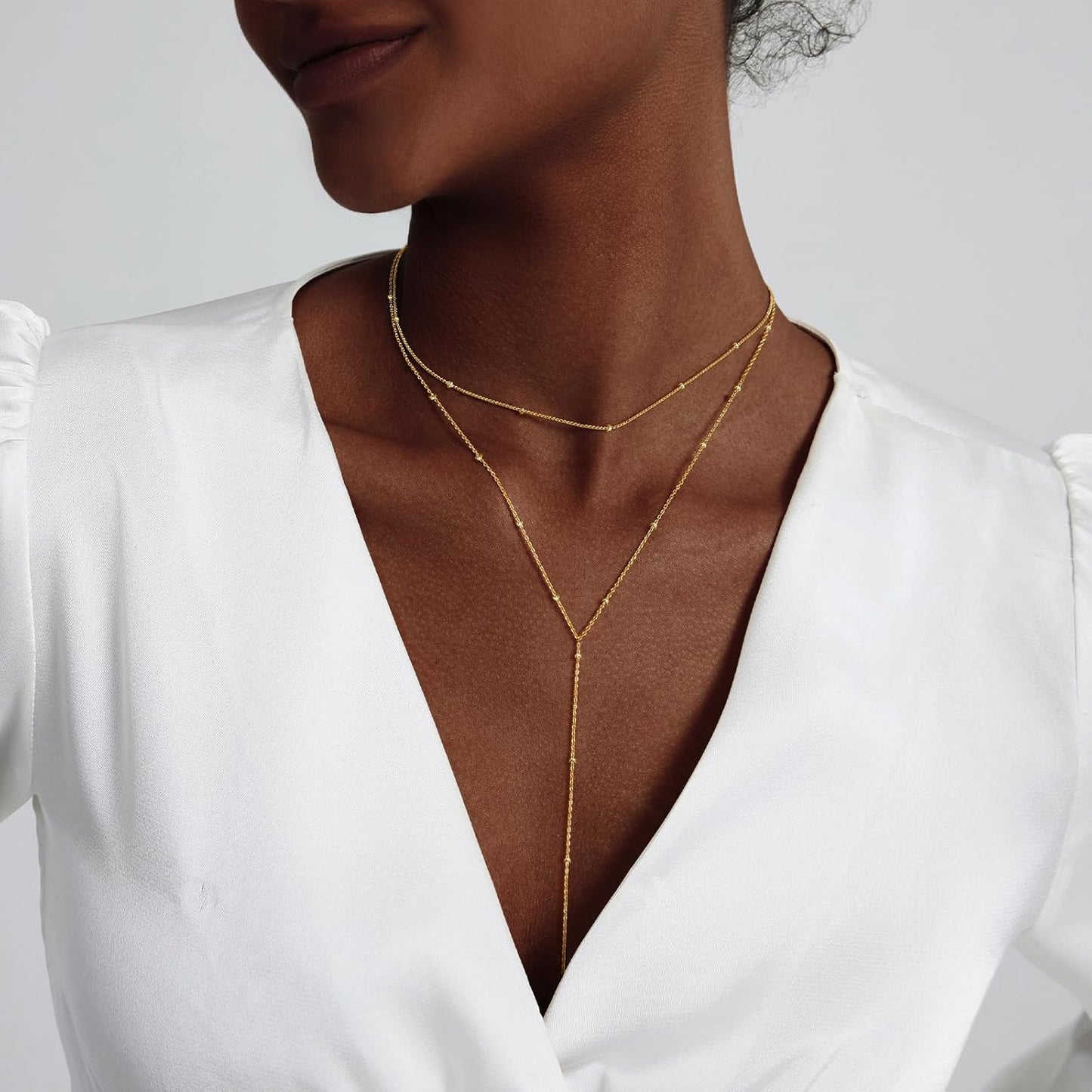 Lariat Gold Necklace for Women: Dainty 14K Gold Plated/Silver Y-Shaped Beaded Drop Chain, Trendy Gift