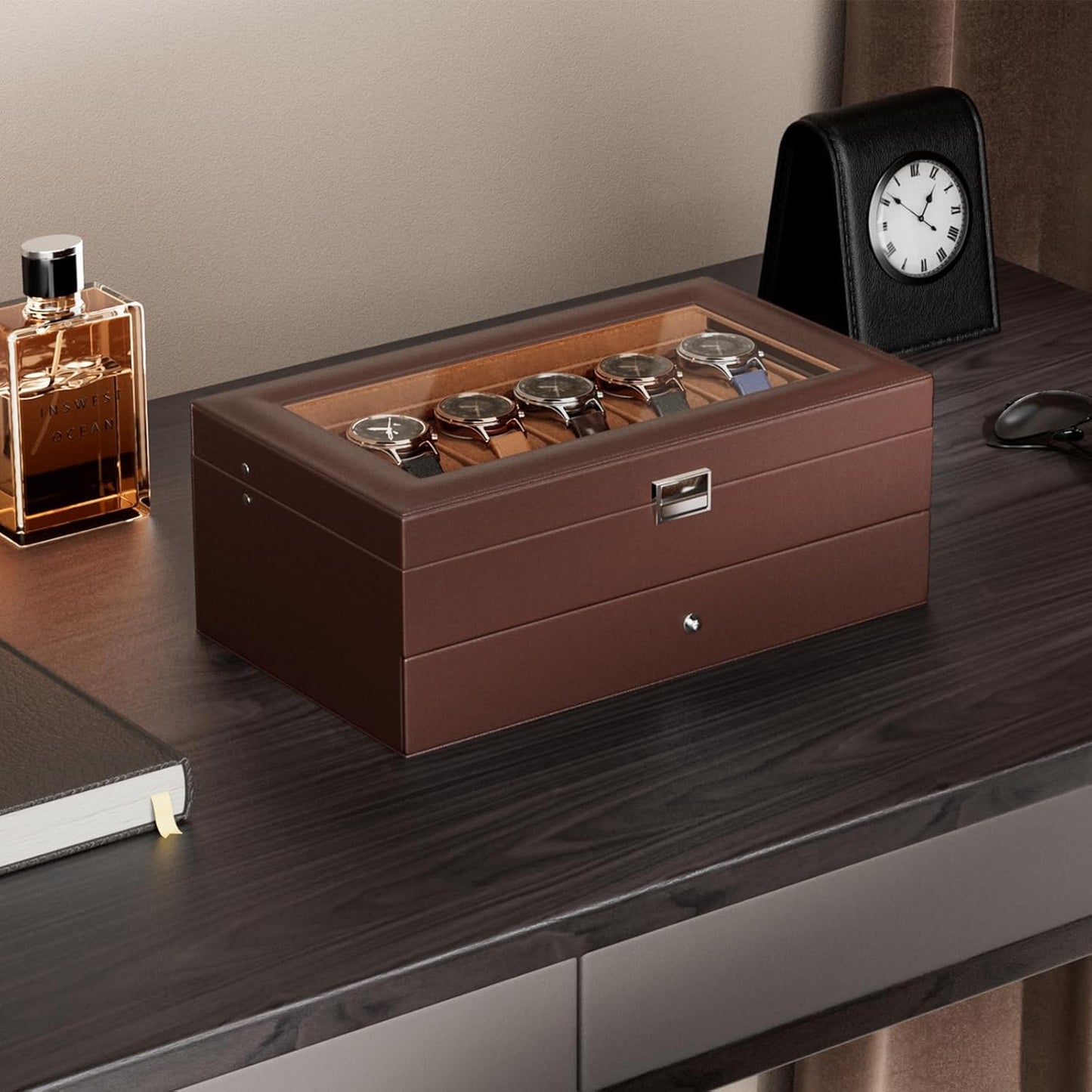 12 Slot Men Watch Case With Drawer, Watch Display Case With Glass Lid, 2-Layer Watch Holder Organizer
