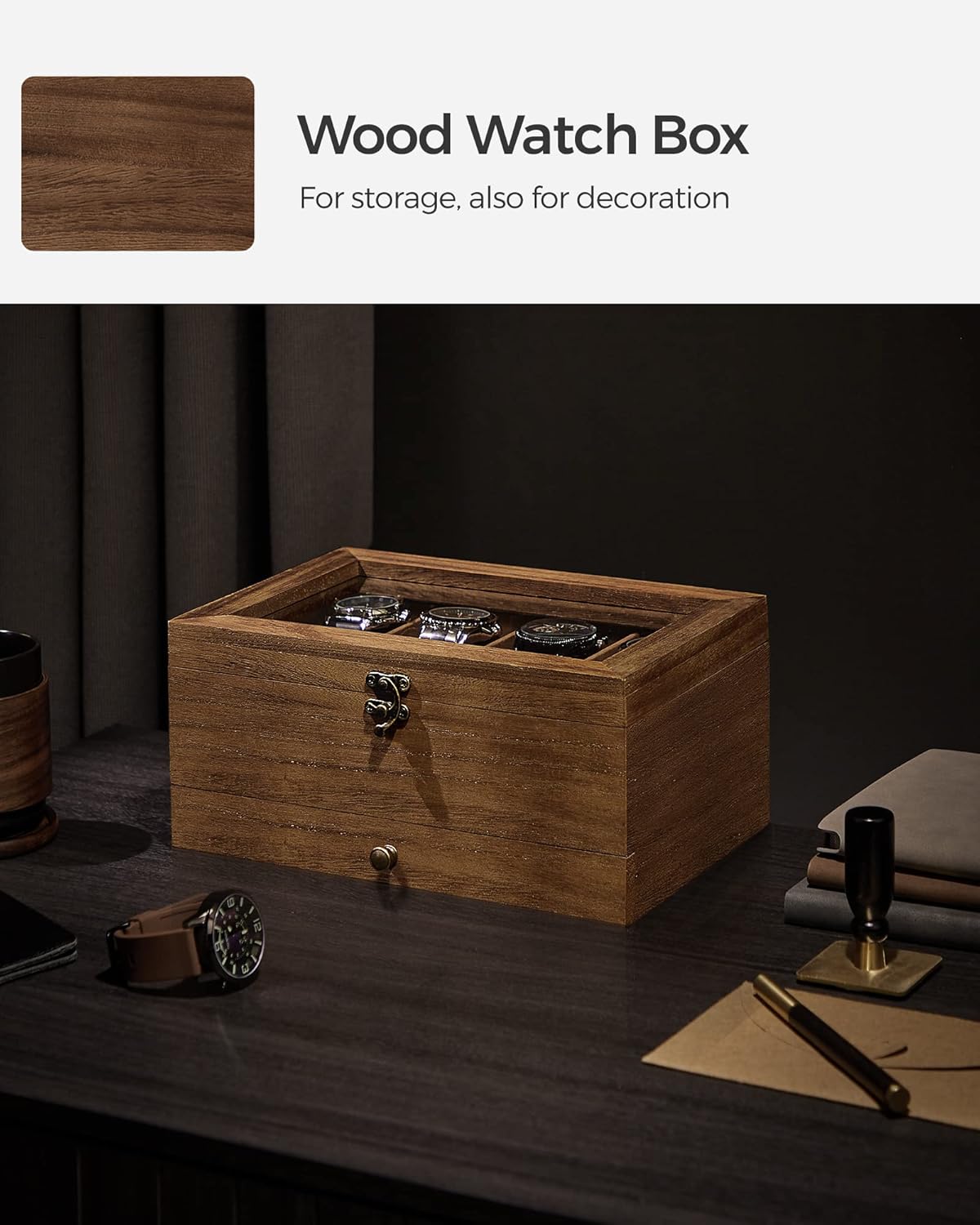 8-Slot Watch Box, 2-Tier Watch Display Case with Large Glass Lid, Removable Watch Pillows