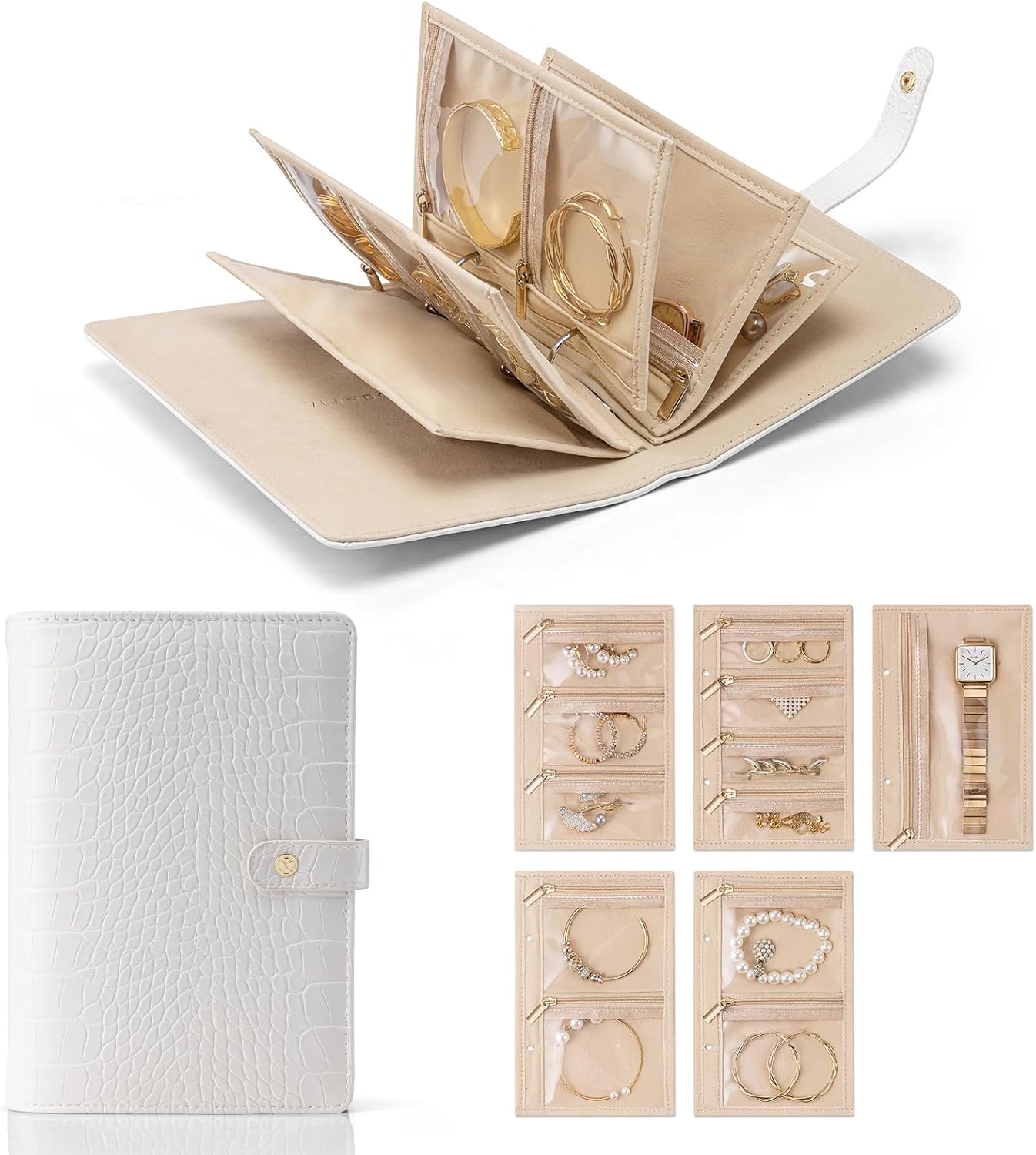 Travel Jewelry Organizer Case,Jewelry Storage Book Ring Binder with Clear Zipper Velvet Pouch Bag