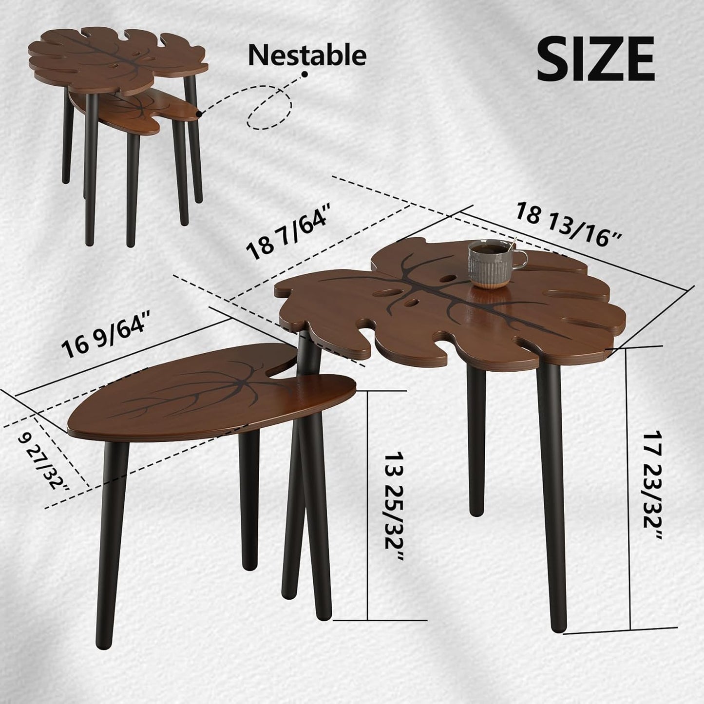 Monstera Leaf Nesting Tables Set of 2, Small Coffee Table Set with Leaf Vein Pattern, Modern Wooden Side Tables
