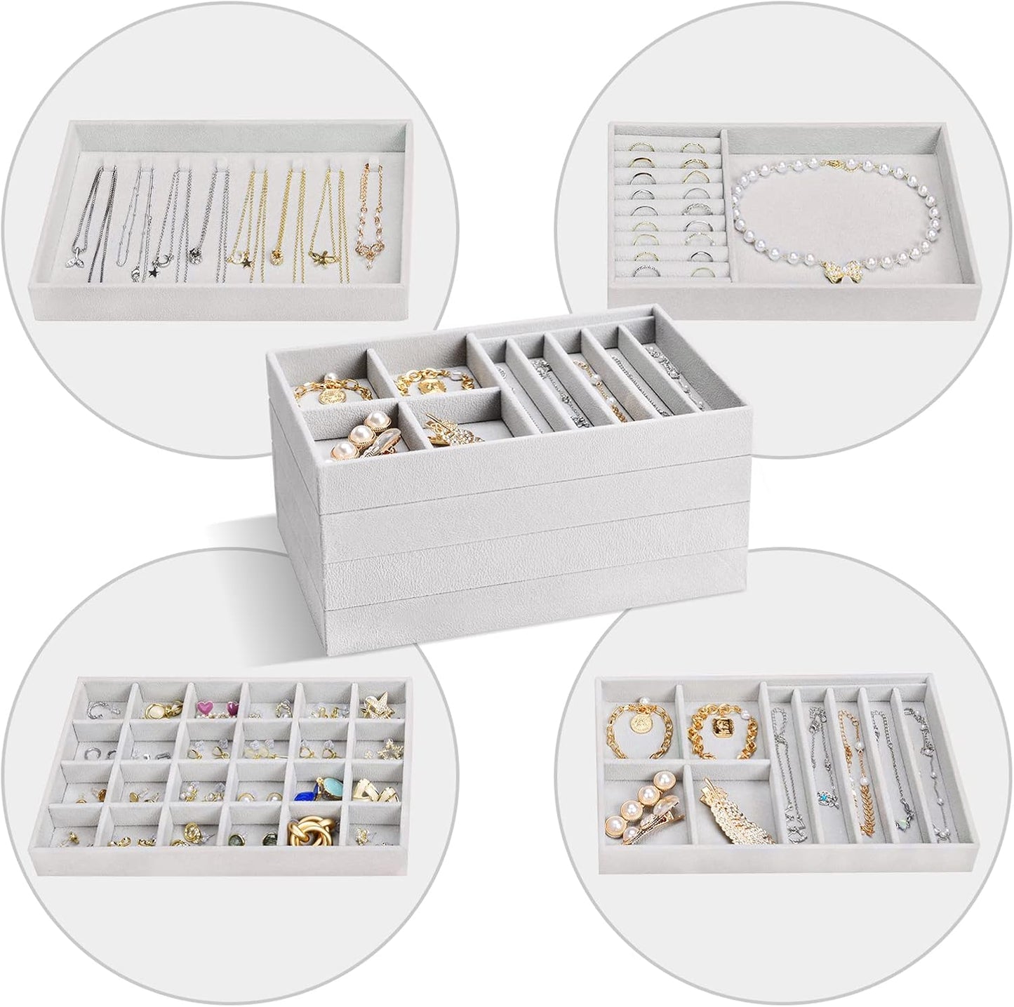 Stackable Jewelry Organizer Trays for Drawers, Storage for Earring Necklace Rings Bracelet with