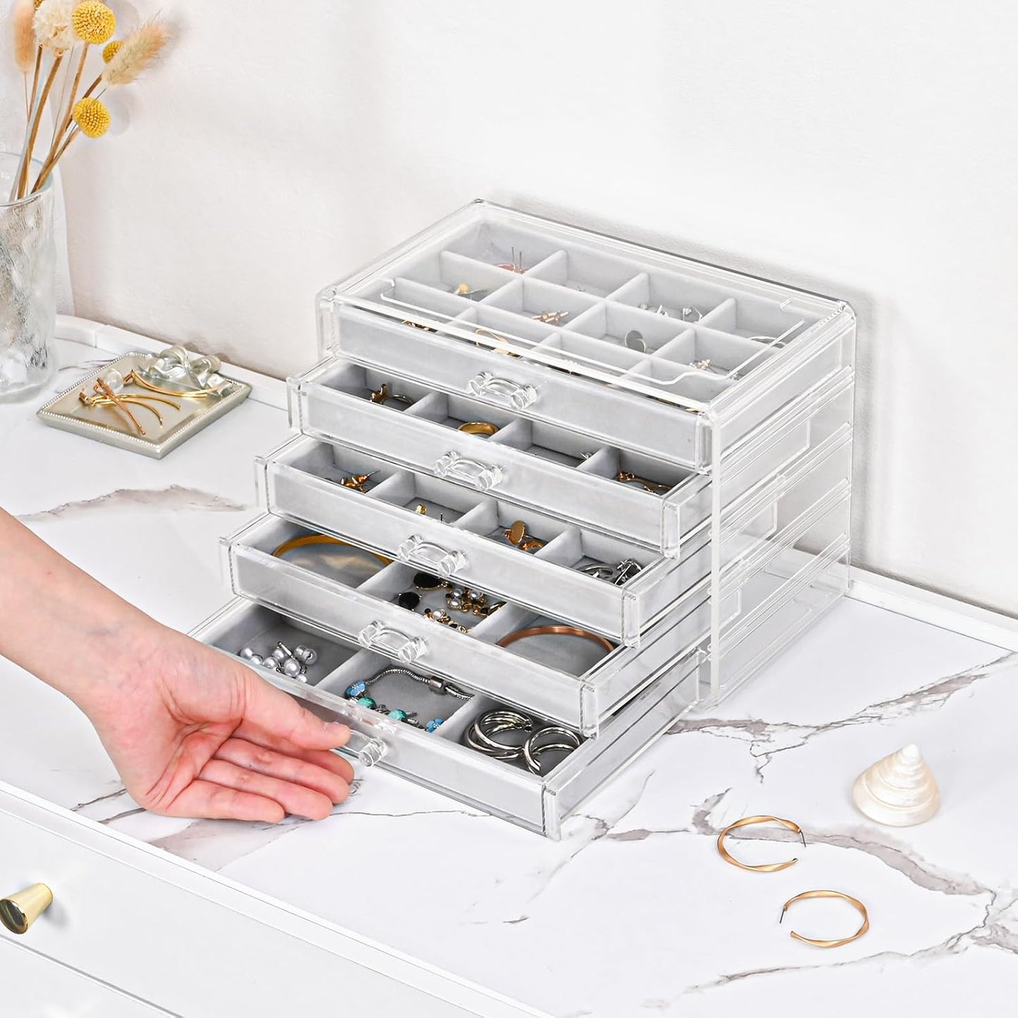 5 Layers Earring Holder Organizer Jewelry Box with 5 Drawers, Acrylic Clear Earring Case with