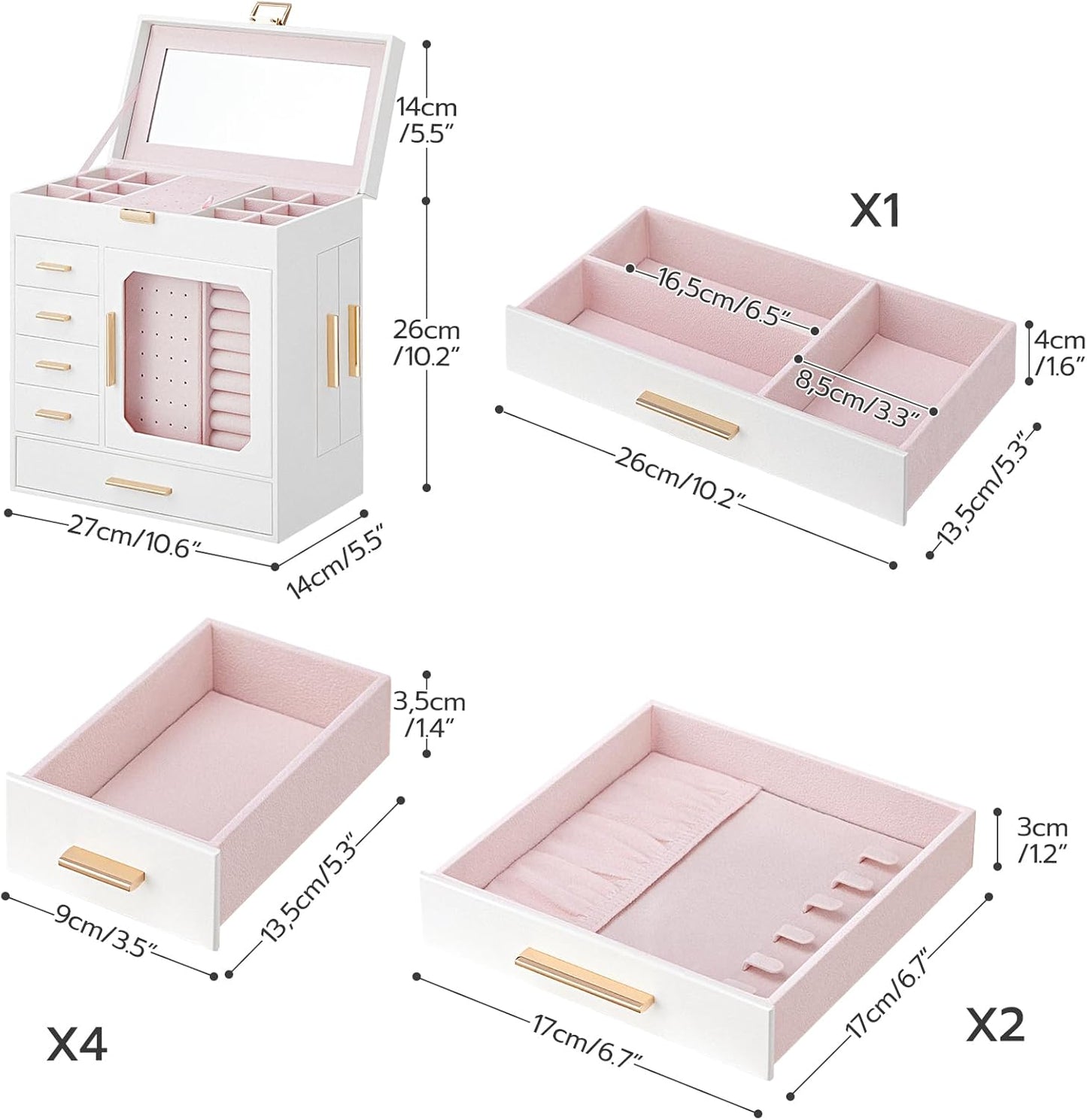 Jewelry Box with Mirror, Organizer Box with Capacious Storage Space, Jewelry Holder Organizer