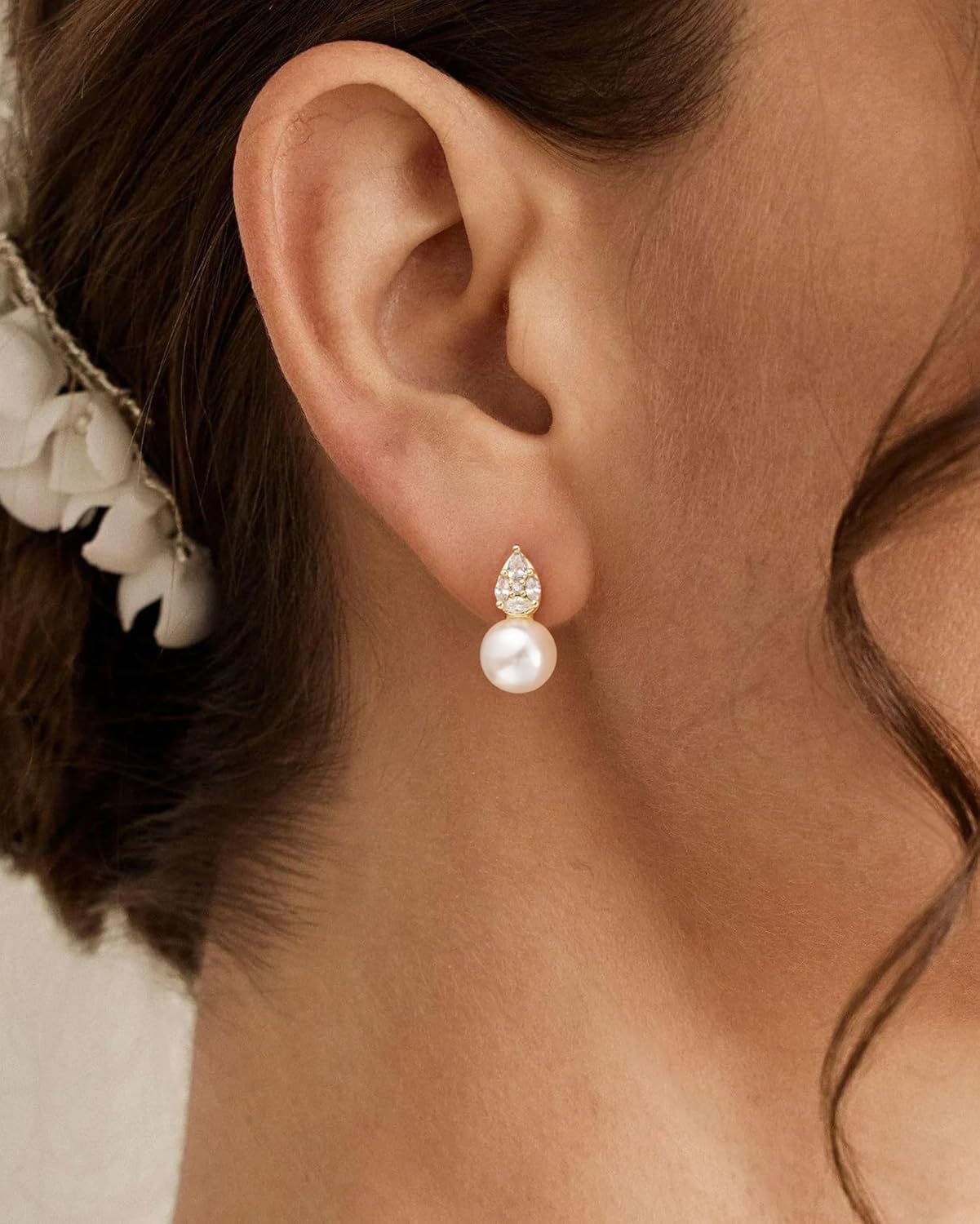 Pearl Earrings: 14k Gold-plated Cubic Zirconia Accented Pearl Drop Dangle Wedding Engagement Earrings For Women Bridal Bridesmaid