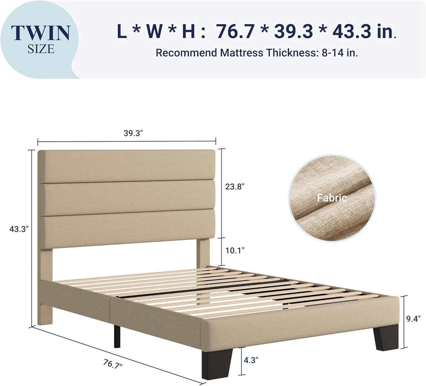 Twin Size, Platform Bed Frame with Fabric Upholstered and Wooden Slats Support, /No Box Spring Needed