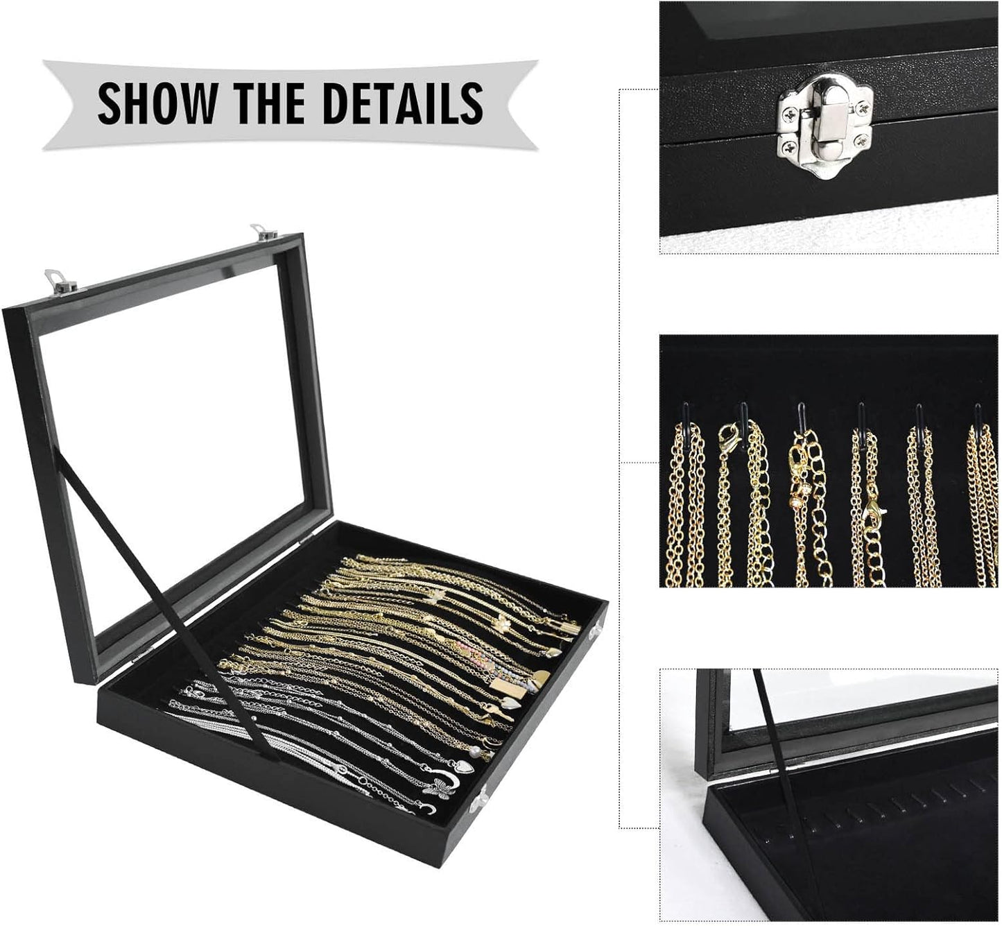 20 Hooks Jewelry Tray with Transparent Lid - Display Box for Necklaces, Pendants
