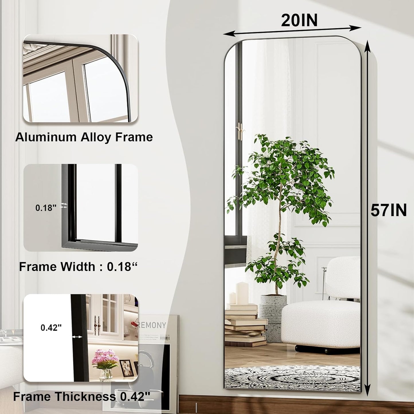 57"x20" Full Length Mirror, Black Rounded Corner Aluminum Frame Standing Mirror, Hanging