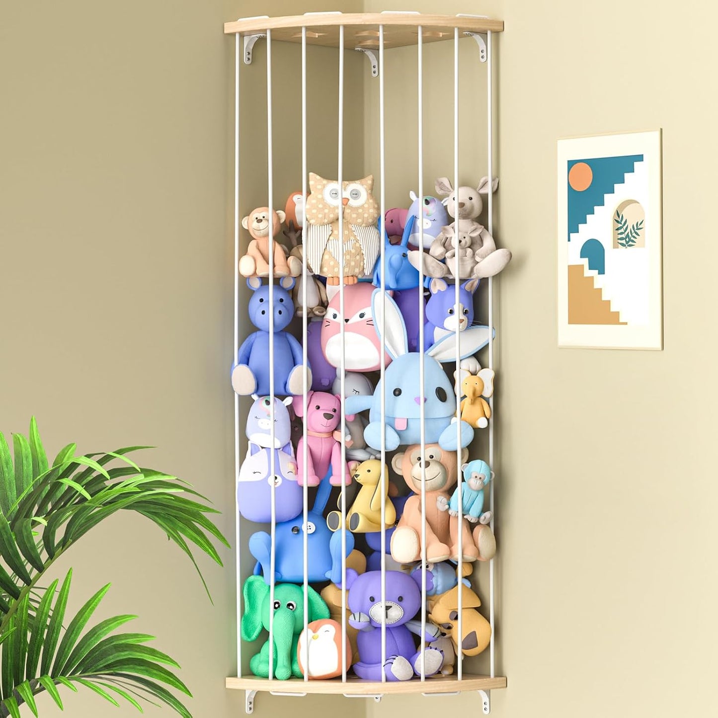 Stuffed Animal Storage Wood Corner Plush Toys Holder with Star Pattern, Length Adjustable Hanging Stuffed