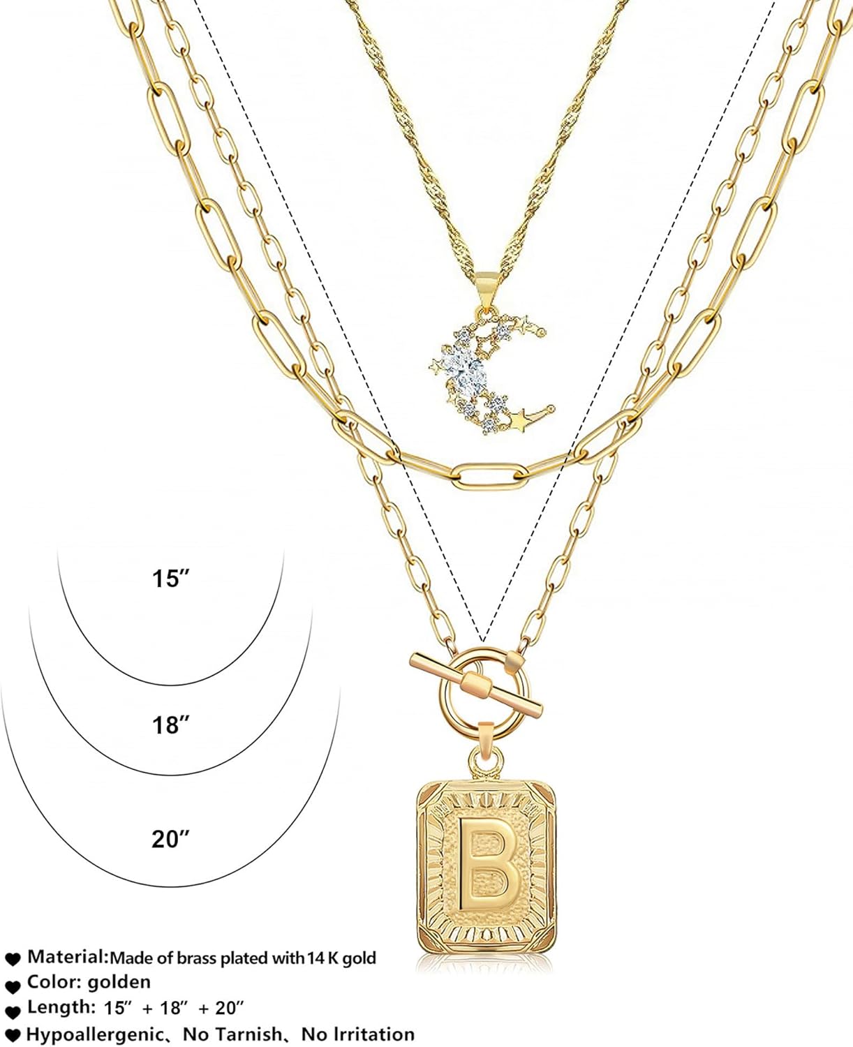Custom Initial Moon Necklace Set - 14K Gold Plated Layered Letter Choker Gift for Her