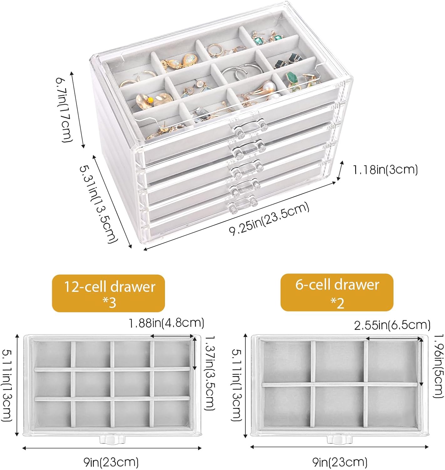 5 Layers Earring Holder Organizer Jewelry Box with 5 Drawers, Acrylic Clear Earring Case with