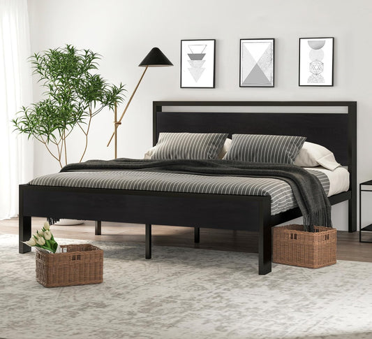 King Size Metal Platform Bed Frame with Wooden Headboard and Footboard, Mattress Foundation, No Box Spring Needed