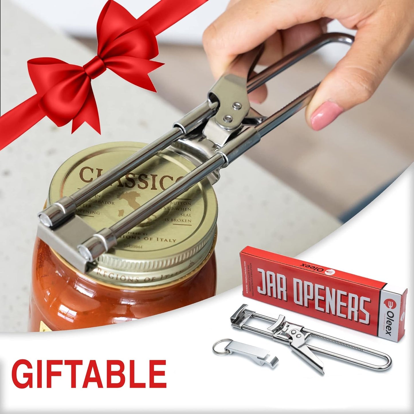 Hands with Keychain Bottle Cap Opener. Jar Gripper Tight Lid Opener and Bottle Opener Kitchen Gadgets