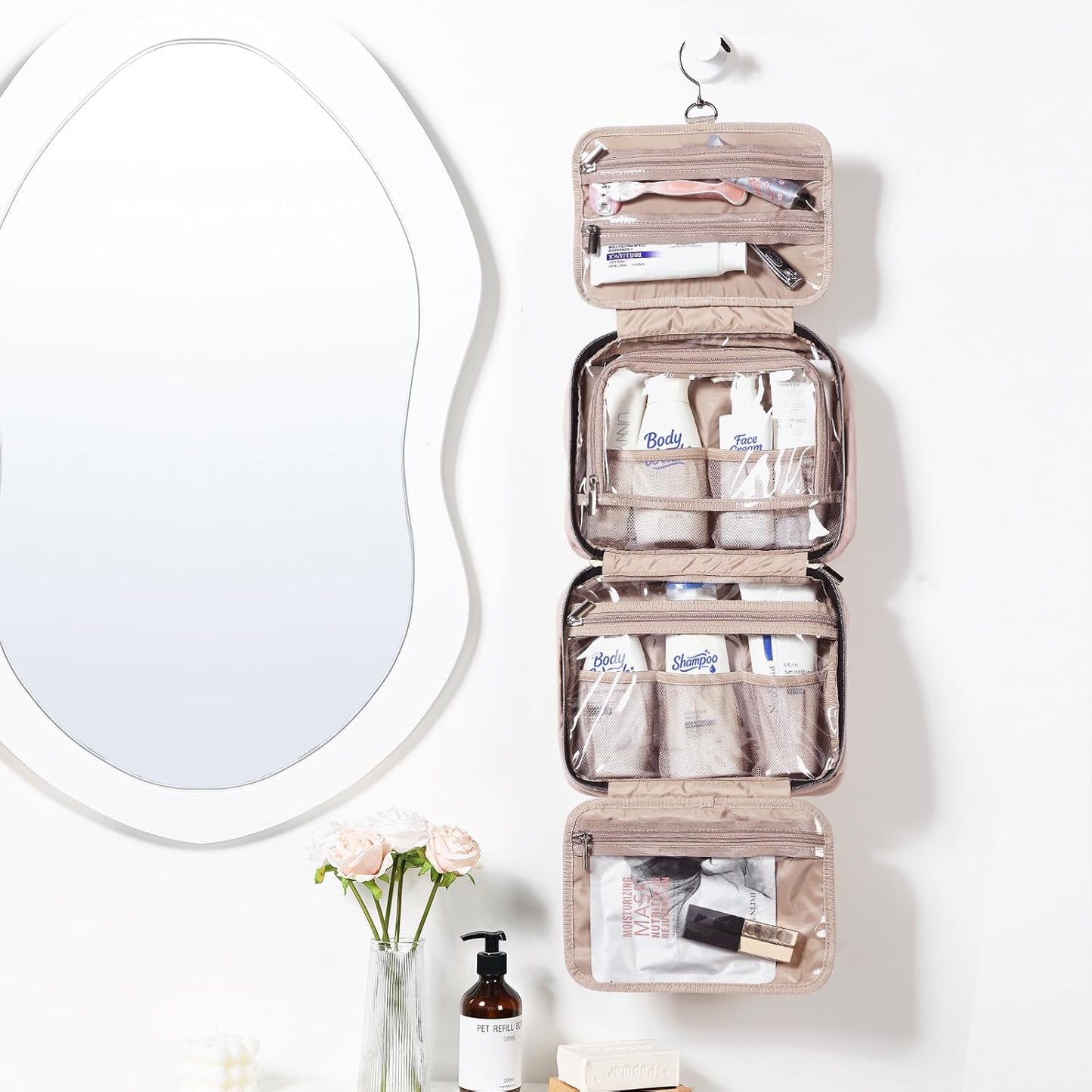 Travel Toiletry Bag for women, Portable Hanging Organizer for Travel-Sized Shampoo, makeup
