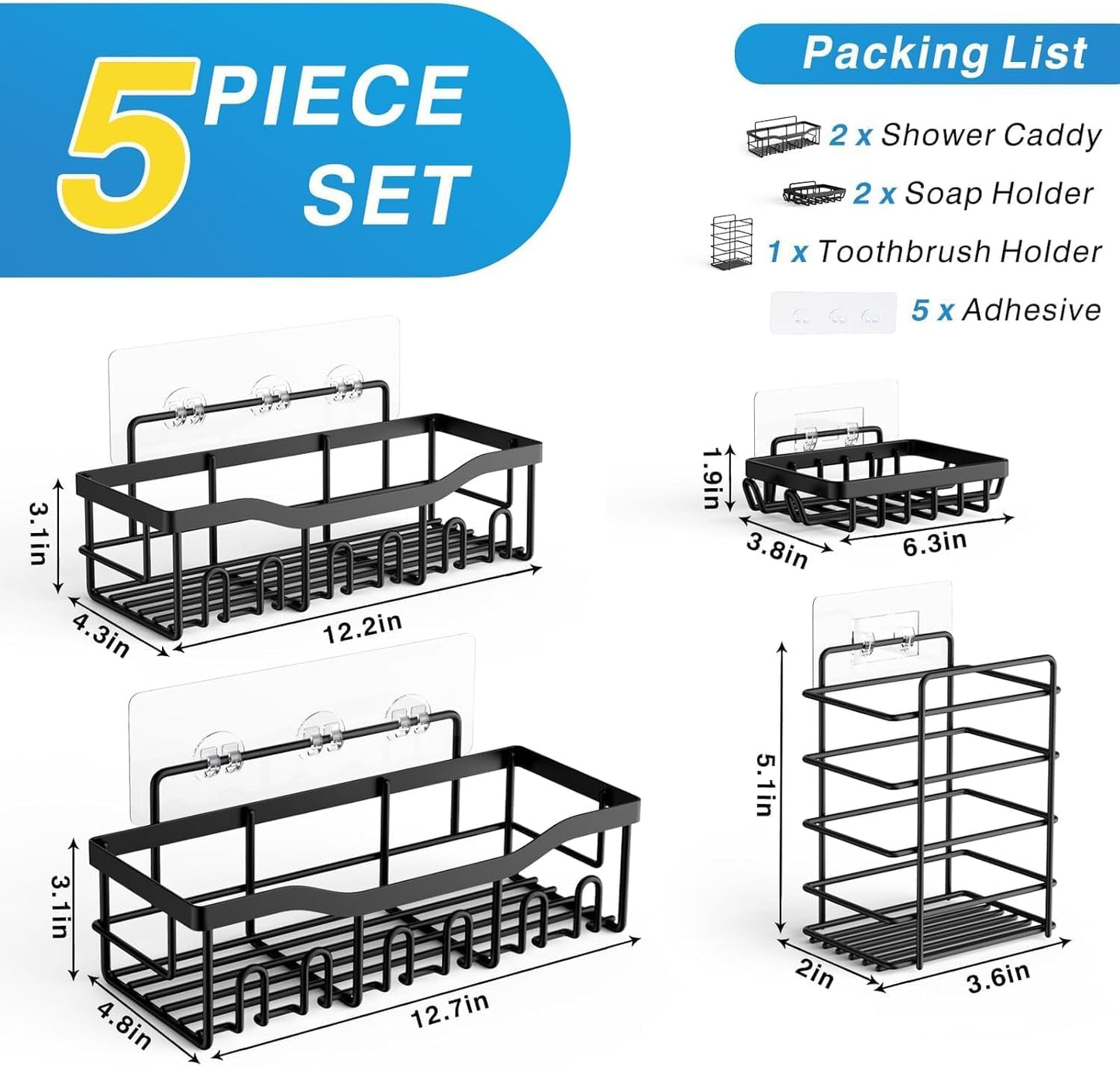 5-Pack Rustproof Stainless Steel Shower Caddy Set– No Drill  Bathroom Organizer