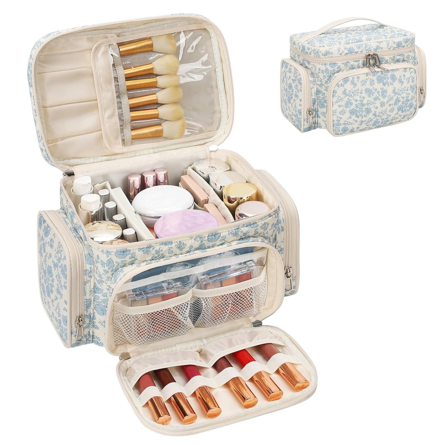 Large Makeup Bag, Organizer for Women Girls with Makeup Brush Compartment & Two Side Pockets