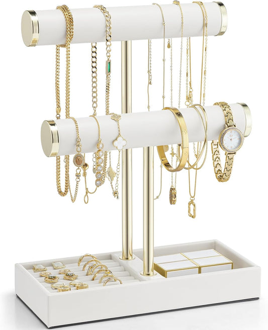 2 Tier Bracelet Holder Organizer with Tray - Leather Jewelry Stand Organizer for Women - Jewelry Holder Display