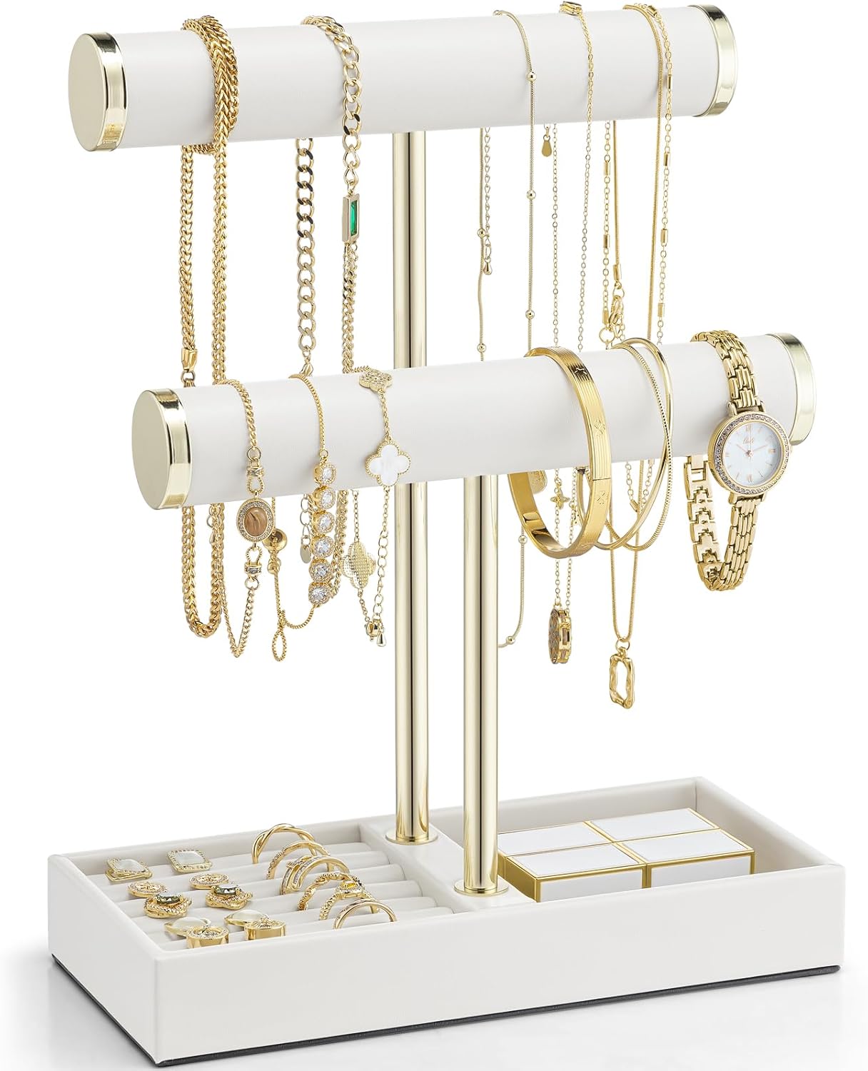 2 Tier Bracelet Holder Organizer with Tray - Leather Jewelry Stand Organizer for Women - Jewelry Holder Display