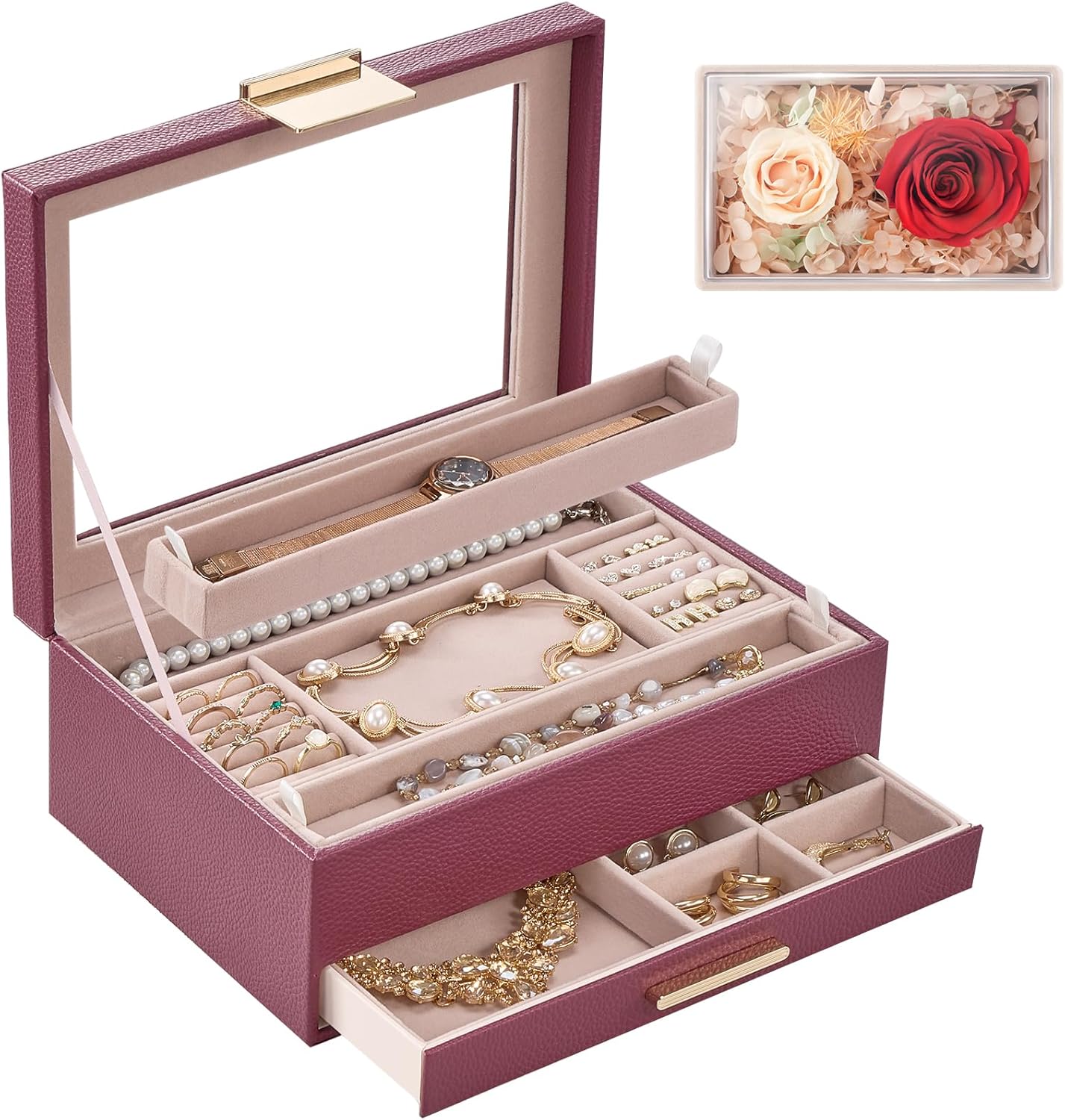 Jewelry Organizer with Glass Lid, 2-Layer Jewelry Box Case with Drawer, Gift for Women Mom