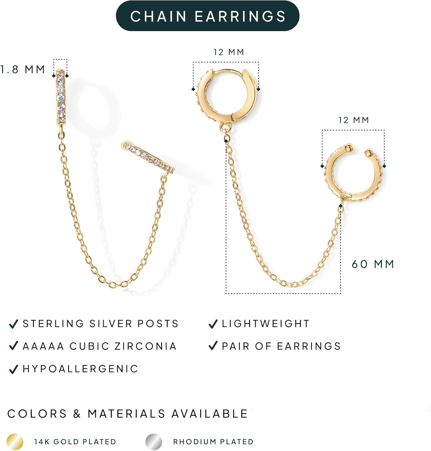14K Gold Chain Earrings for Women | Double Piercing Dangle Chain Huggie Hoop Earrings | Cubic Zirconia Pearl Stud Ear Cuff Earrings for Women