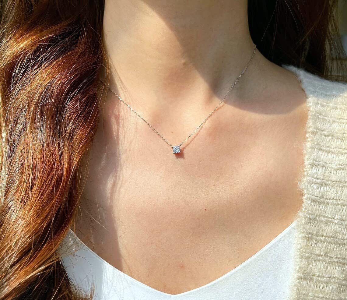 14K Gold Plated CZ Diamond Necklace, Dainty Solitaire Pendant, Round/Square Simulated Diamond Choker, Bridal Jewelry Gift for Women