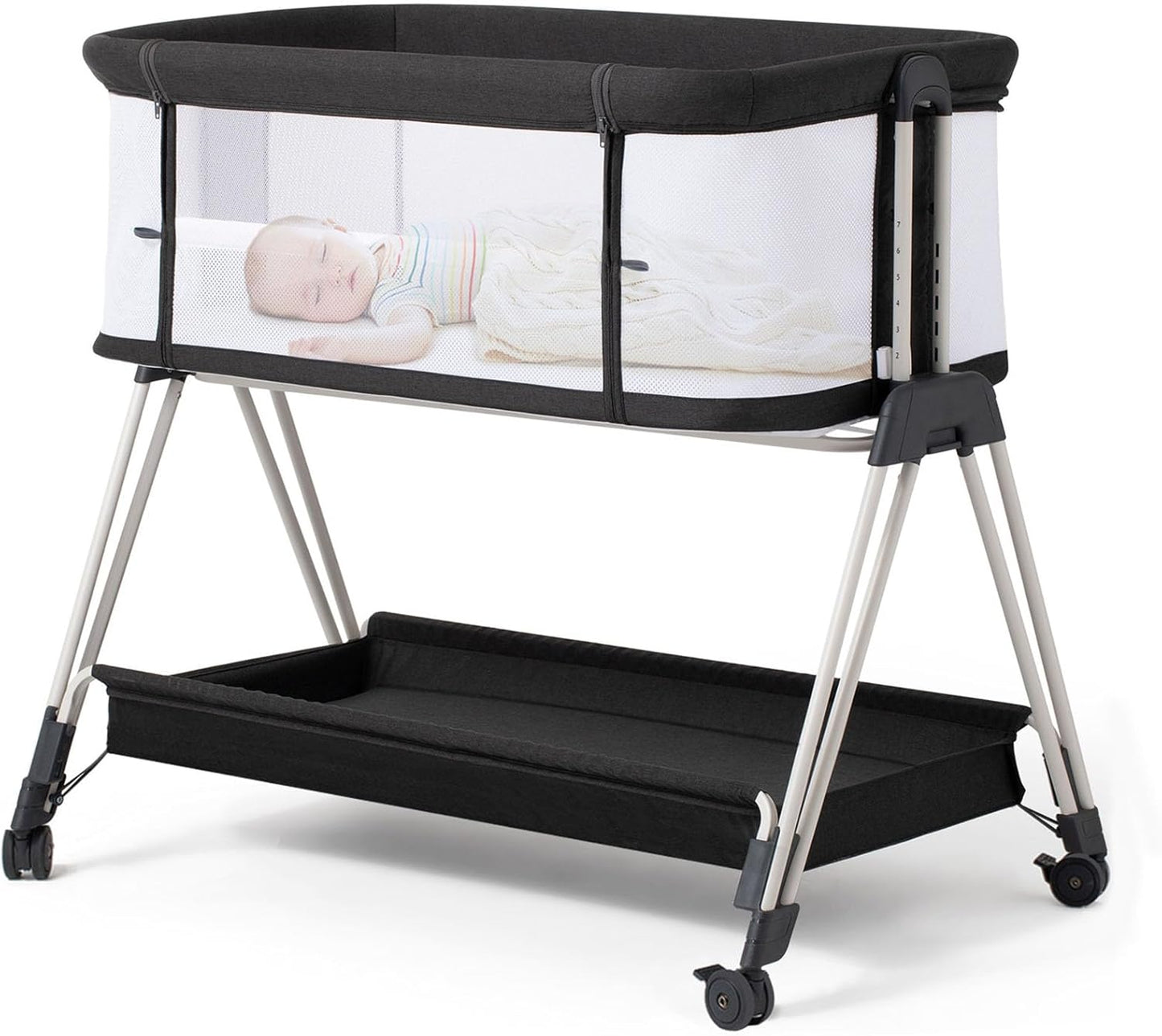 Bassinet Bedside Sleeper with Wheels and Storage Tray,4-Sided Mesh  Easy Folding Bedside Crib