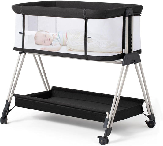 Bassinet Bedside Sleeper with Wheels and Storage Tray,4-Sided Mesh  Easy Folding Bedside Crib