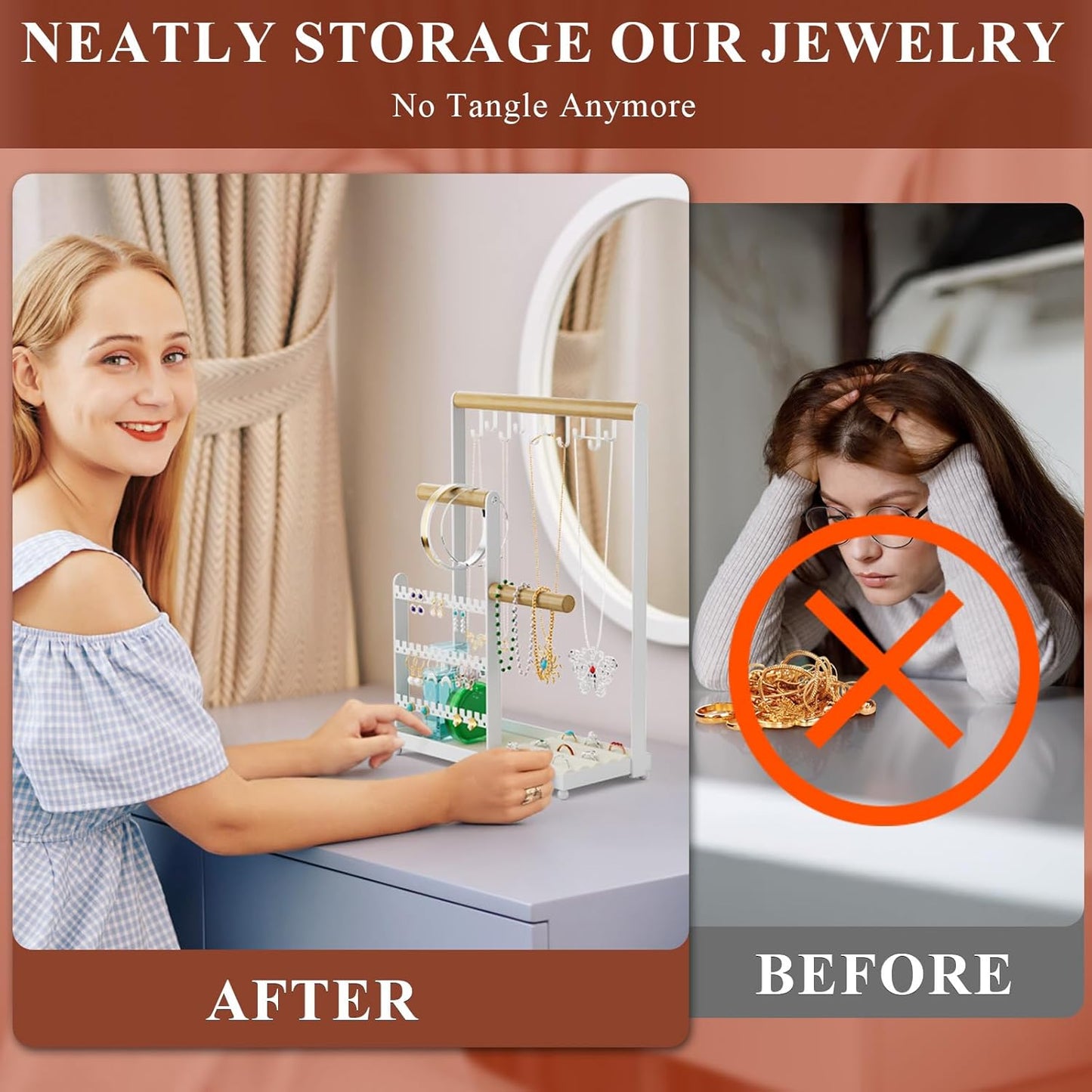 Jewelry Display Rack with 36 Holes Earring Holder, 10 Hooks Necklace Organizer, Velvet Ring Holder Dish