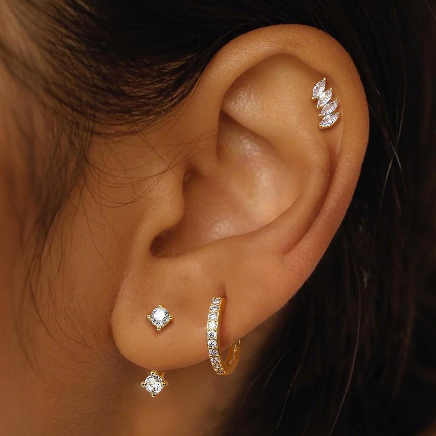 3Pairs 925 Sterling Silver, 14K Gold Plated Small Huggie Hoop Earrings Sets for Multiple Piercing CZ Cartilage Earrings Stacks