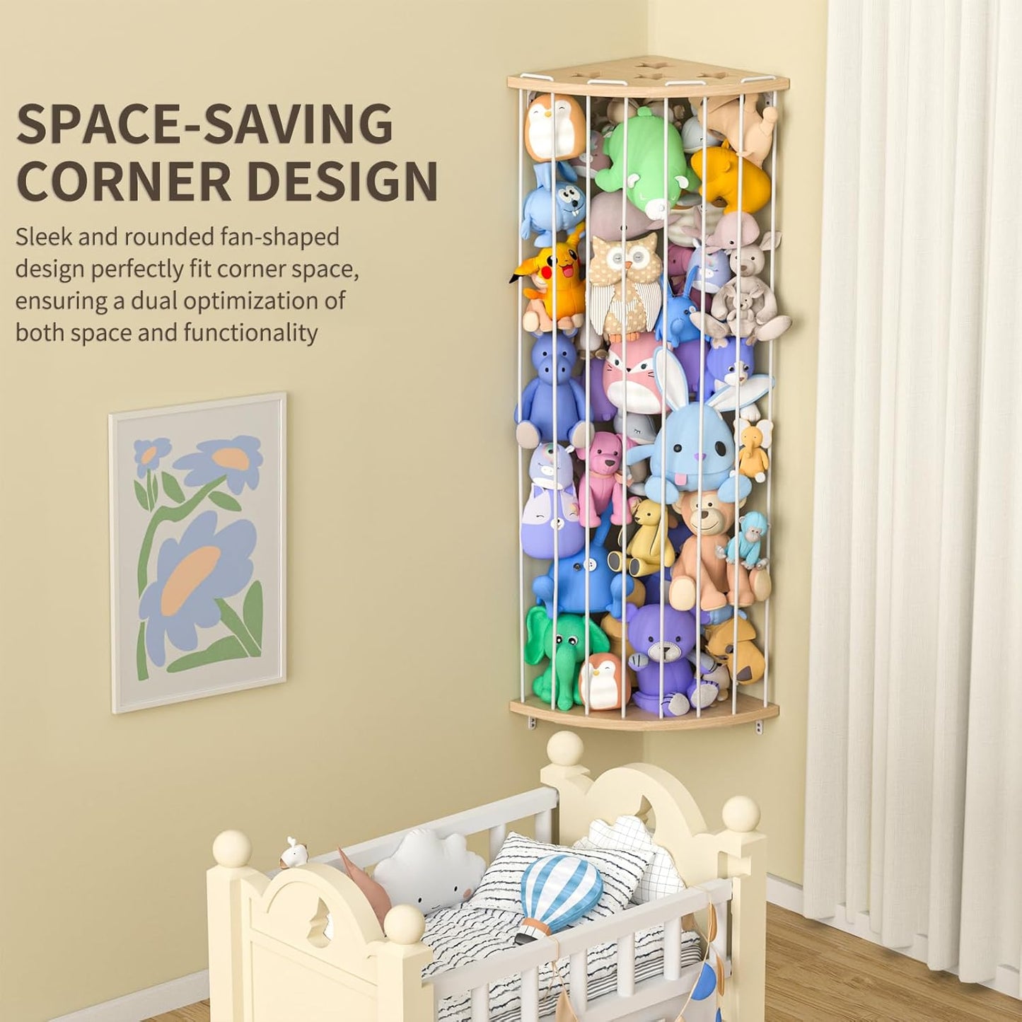 Stuffed Animal Storage Wood Corner Plush Toys Holder with Star Pattern, Length Adjustable Hanging Stuffed