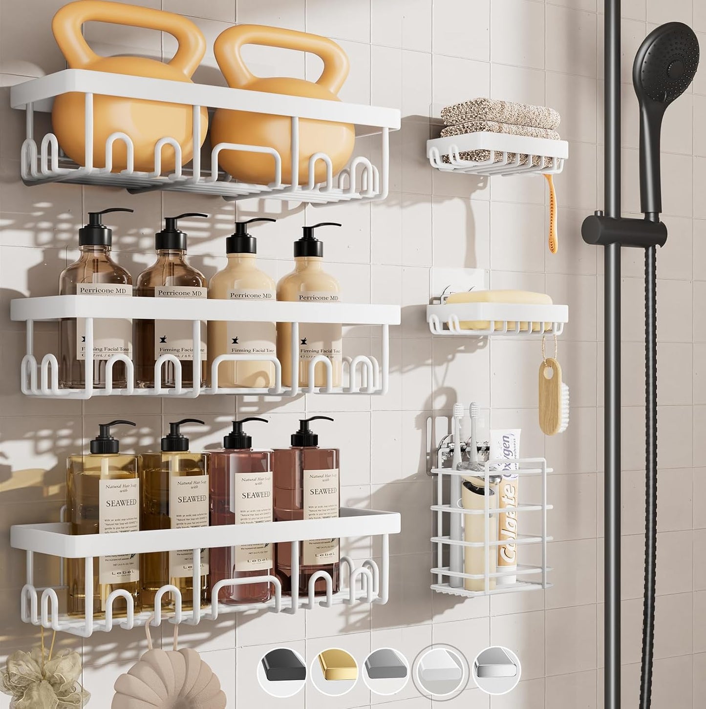 Shower Caddy 6-Pack, No Drilling Adhesive Shelves, Rack with Soap Holder,  Organizers and Storage