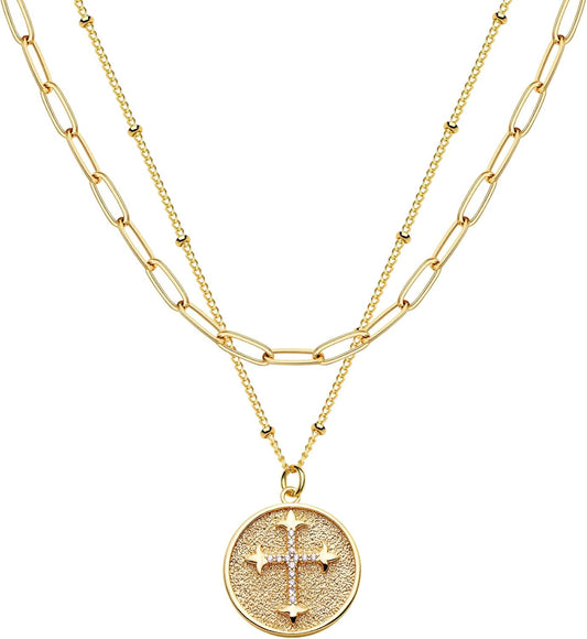 Layered Necklace with Heart & Arrow Pendant, 18k Gold Plated Dainty Choker for Women