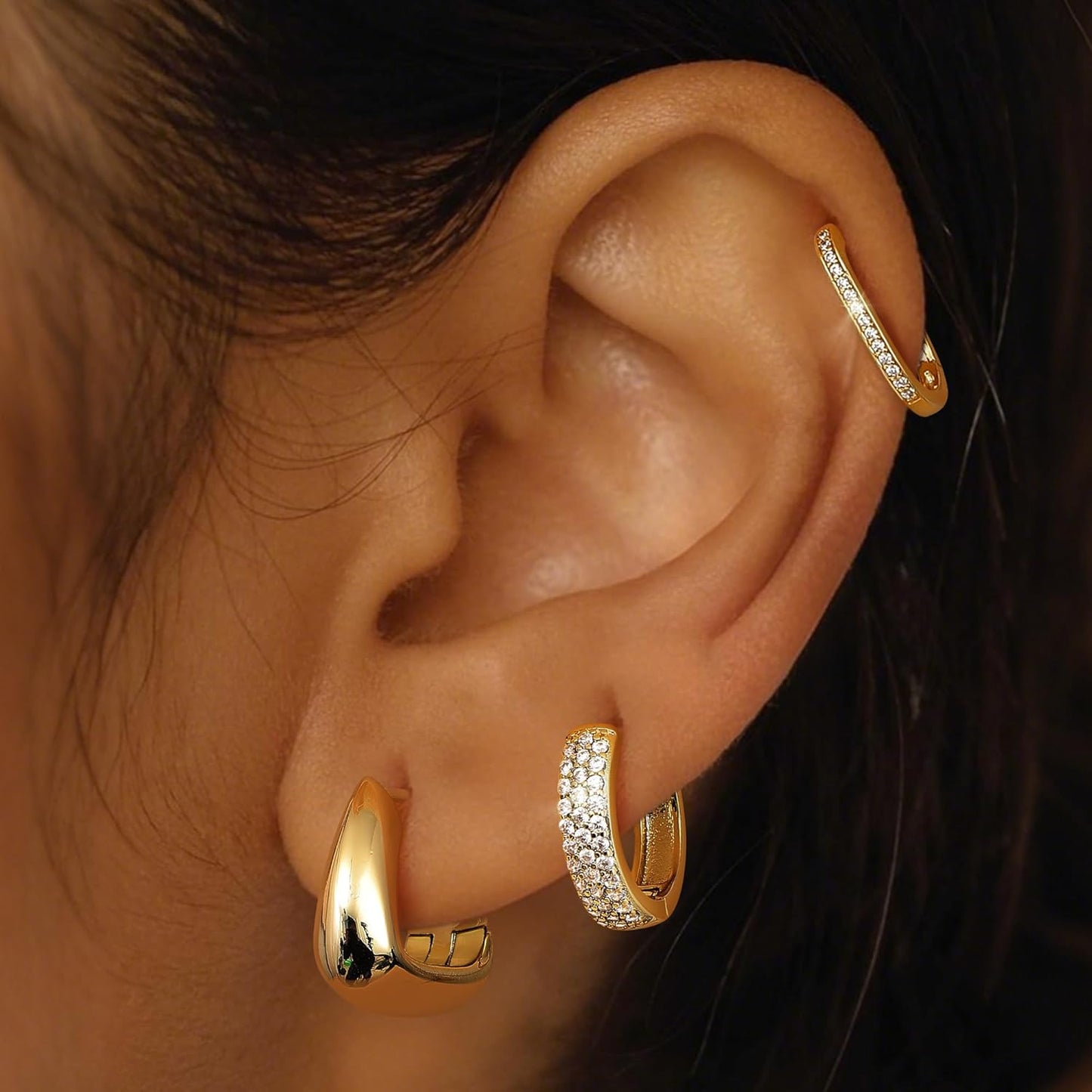 3Pairs 925 Sterling Silver, 14K Gold Plated Small Huggie Hoop Earrings Sets for Multiple Piercing CZ Cartilage Earrings Stacks