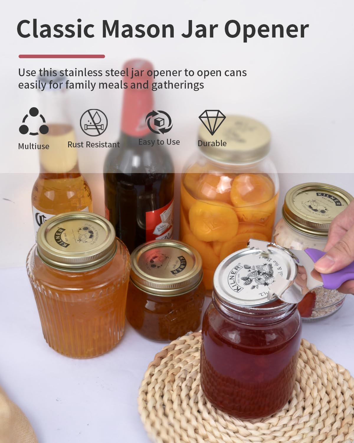 No-Dent Mason Jar Opener - Manual Multi-Purpose Canning Tool & Bottle Opener