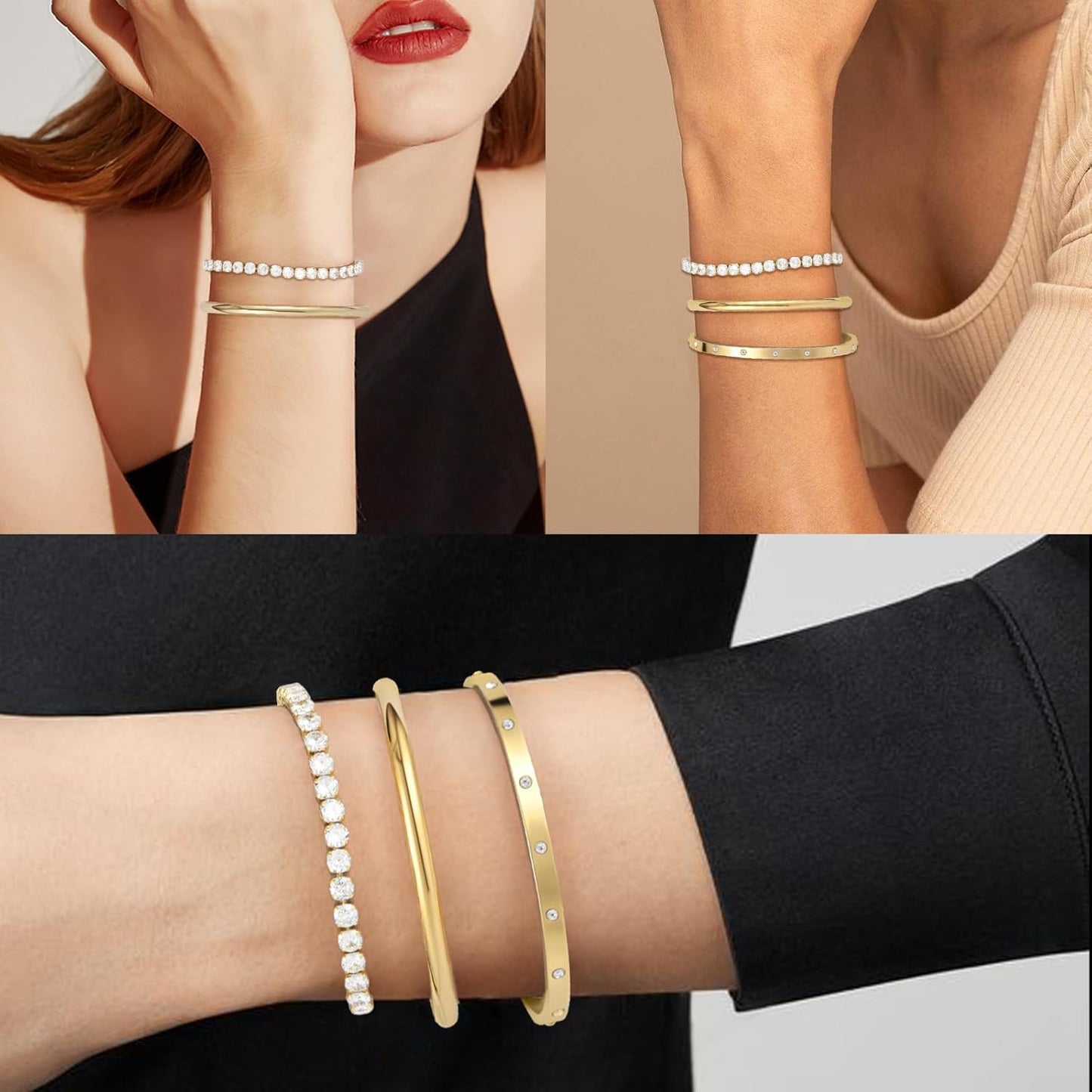 Yowivon Dainty 14K Gold Plated Bracelets for Women, Adjustable Slider Cuff Bangle Bracelets, Gold Curved Bar Hammered Bangle