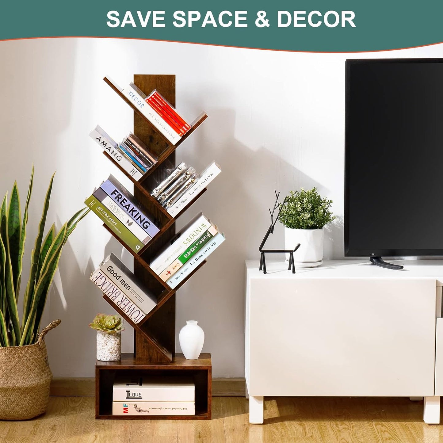 Tree Bookshelf - 6 Shelf Retro Floor Standing Bookcase,  Utility Book Organizer Shelves