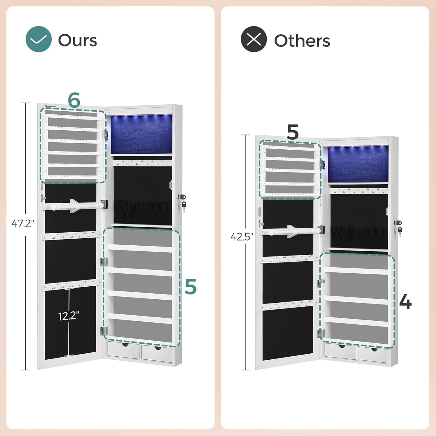 6 LEDs Mirror Jewelry Cabinet, Tall Lockable Wall or Door Mounted Jewelry Armoire Organizer