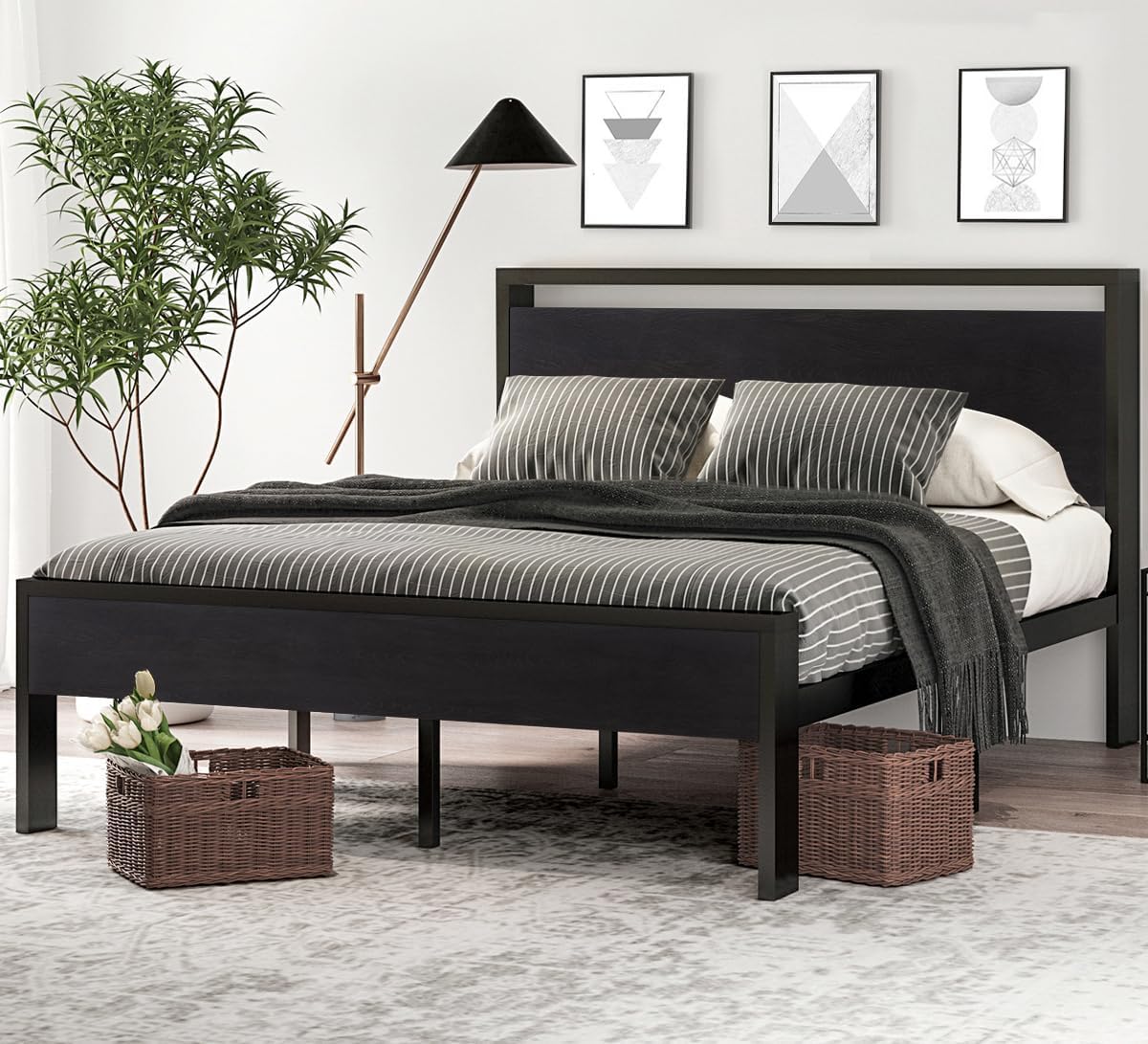 Queen Size Metal Platform Bed Frame with Wooden Headboard and Footboard, Mattress Foundation, No Box Spring Needed