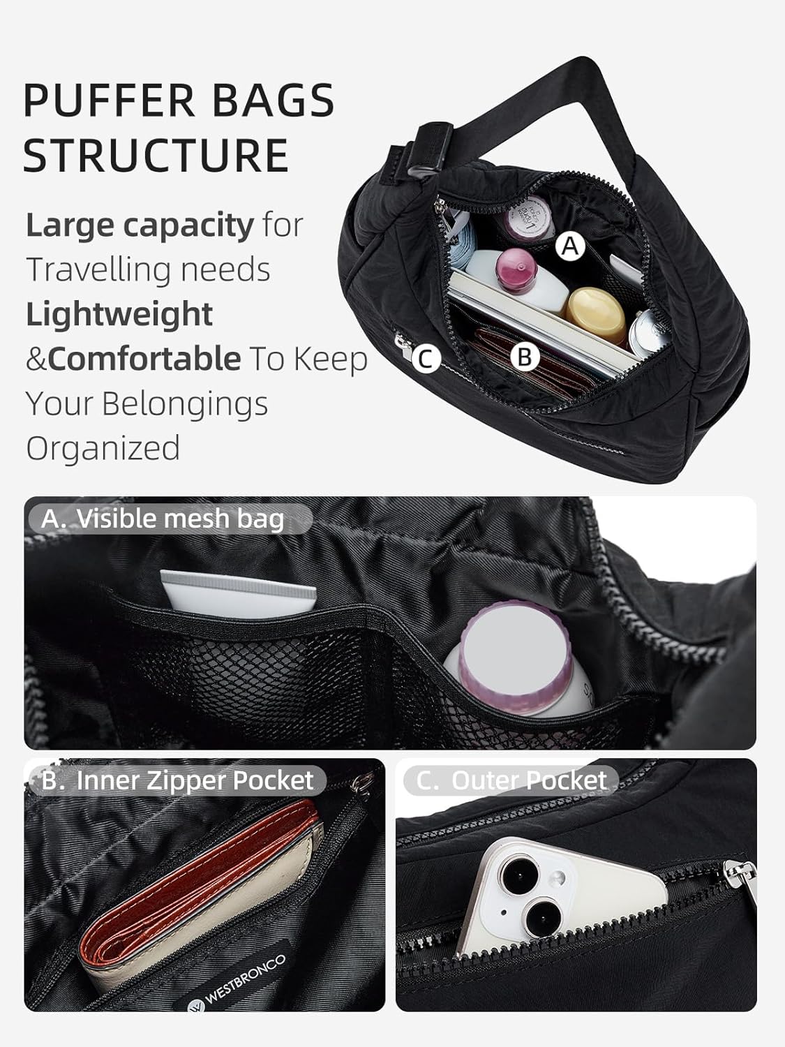 Crescent Shoulder Bag for Women, Nylon Quilted Shoulder Purses, Puffy Handbags with Adjustable Strap