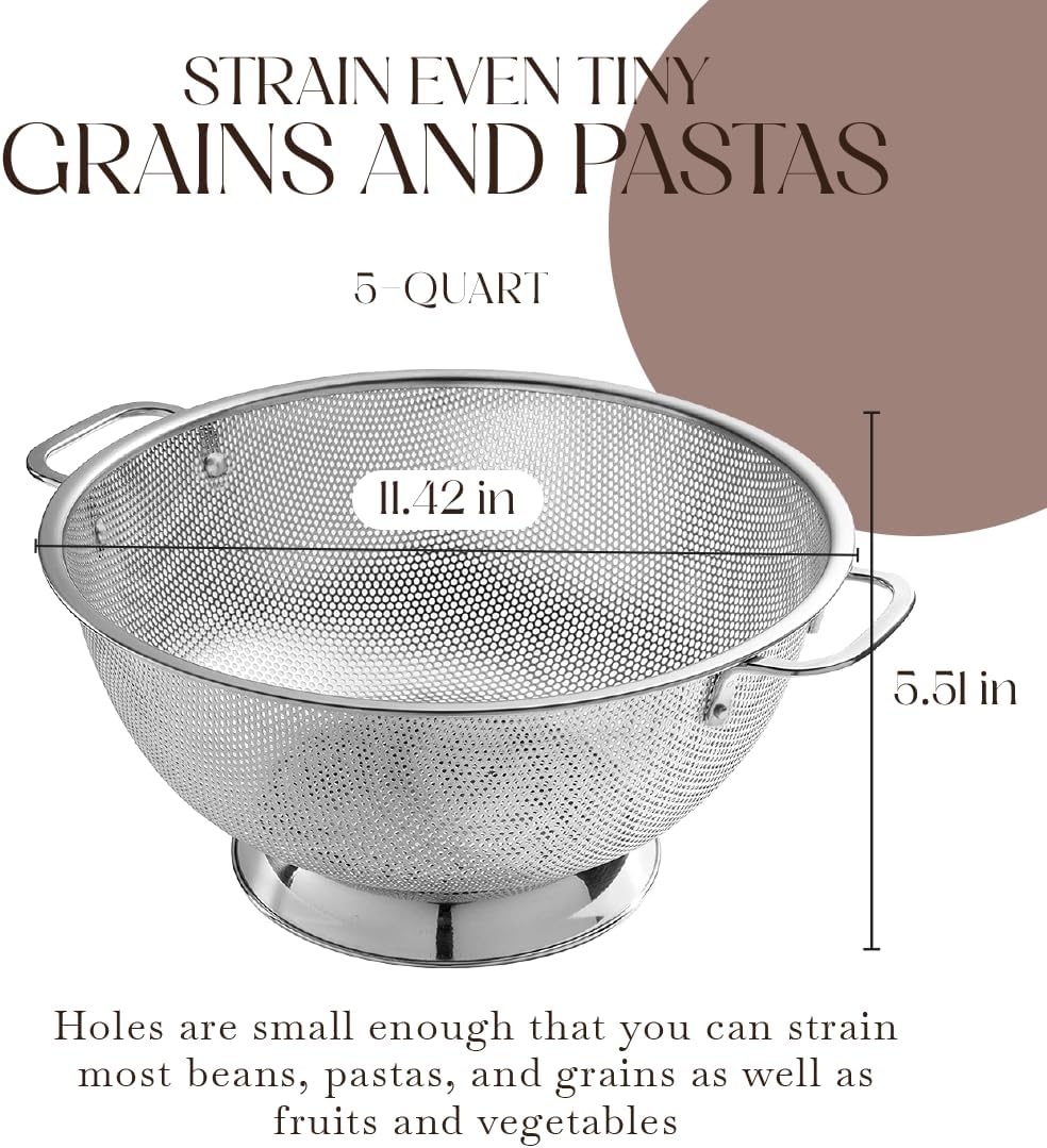 18/8 Pasta Strainer Bowl for Pasta, Spaghetti, Vegetables, Fruit, and Pot Draining - Stainless Steel Colander