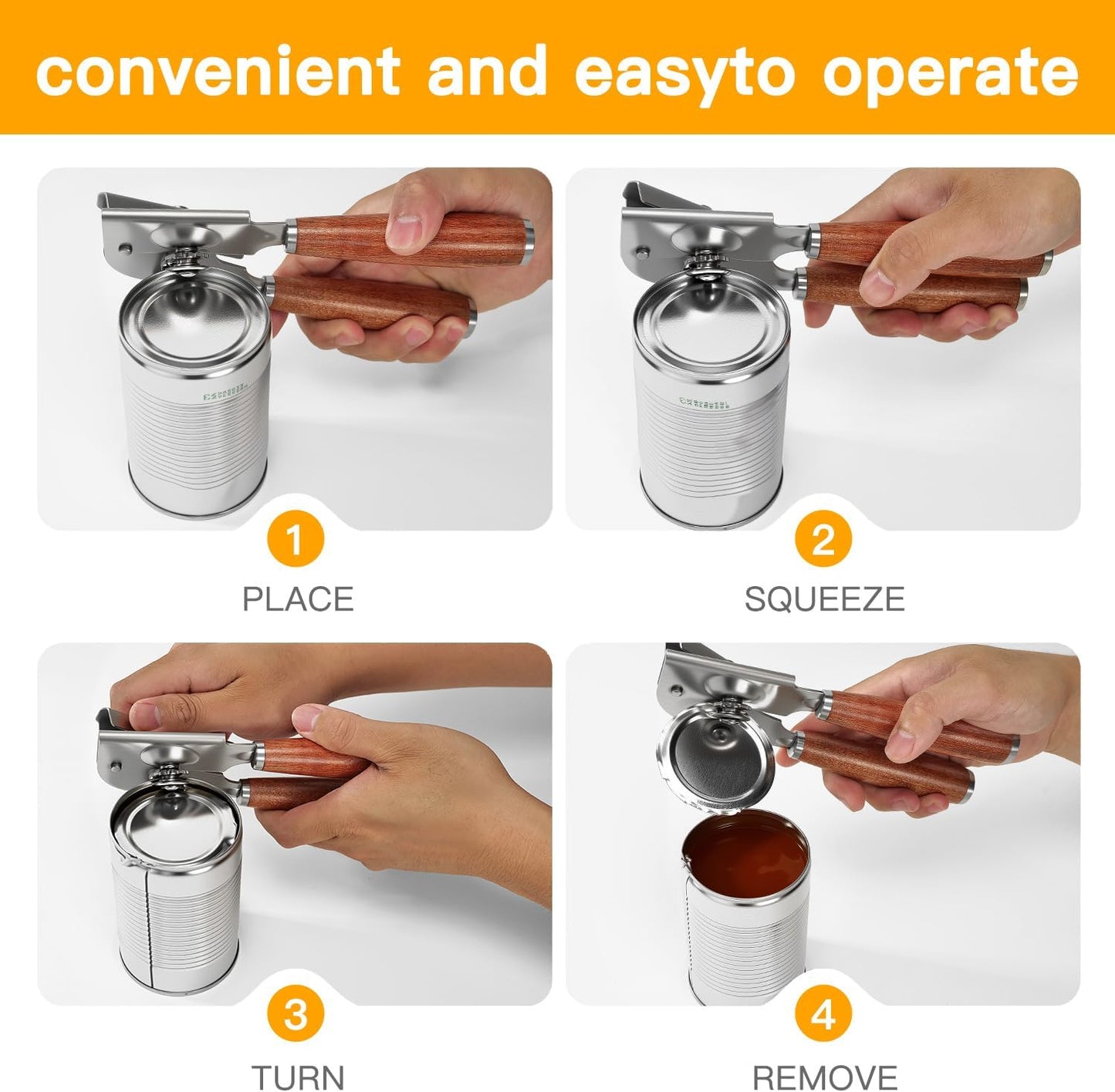 Manual Can Opener with Solid Wood Handle, Sharp Smooth Edge Blade