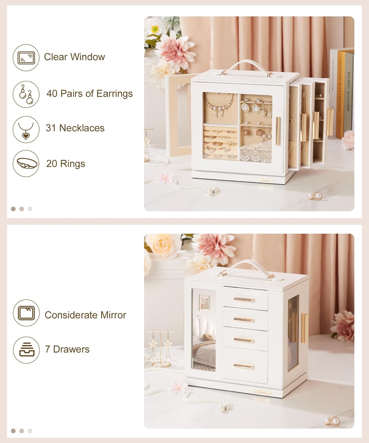 Jewelry Box 360° Rotating, Necklace Earring Organizer with Transparent Window, Mirror, 7 Drawers