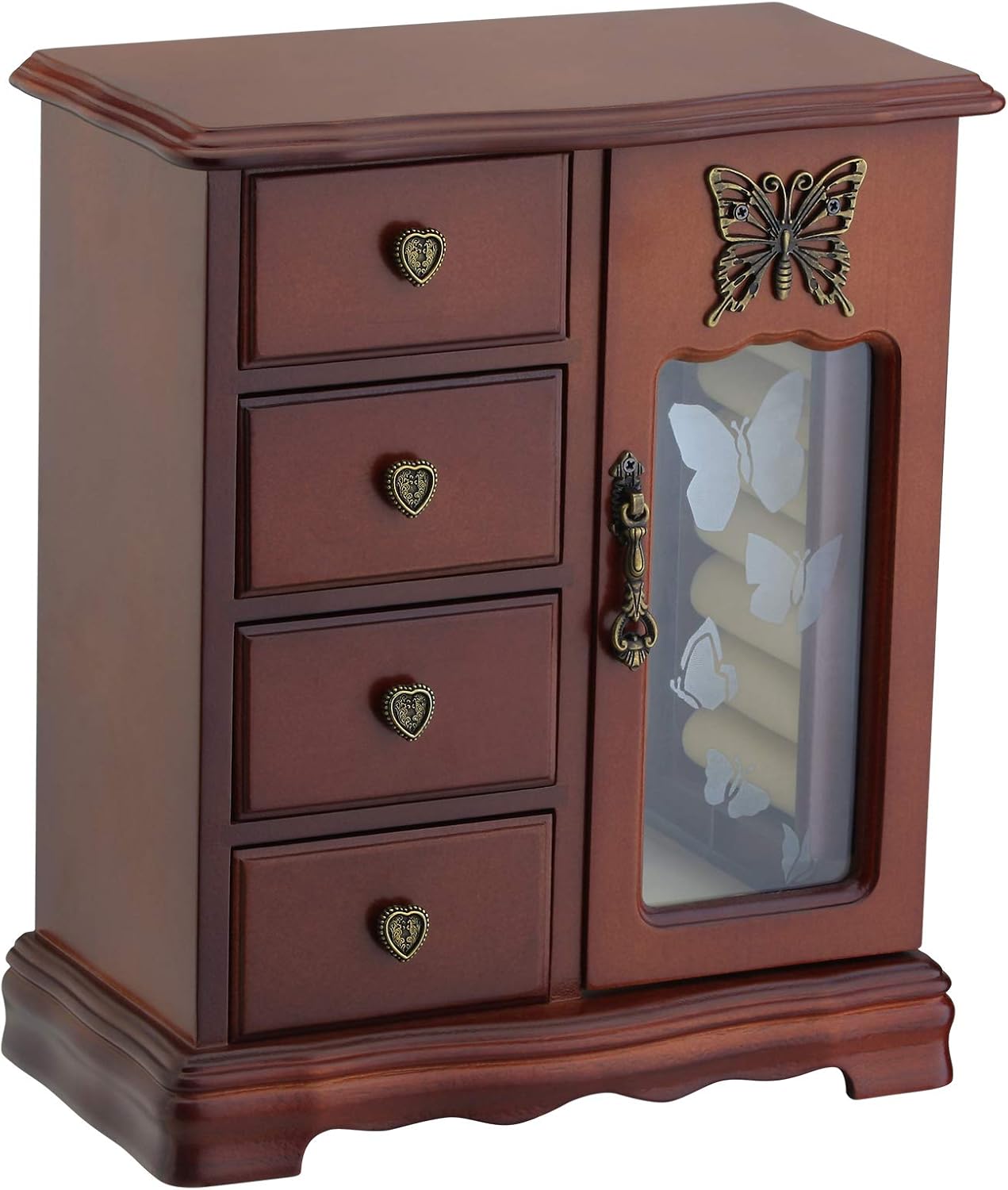 Solid Wooden Jewelry Box Organizer Women Ring Storage with 4-Drawers Built-in Necklace Carousel and Mirror
