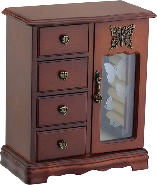 Solid Wooden Jewelry Box Organizer Women Ring Storage with 4-Drawers Built-in Necklace Carousel and Mirror
